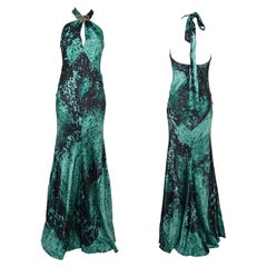 ROBERTO CAVALLI S/s 2007 Python Print Golden Snake Hardware Silk Halter Dress