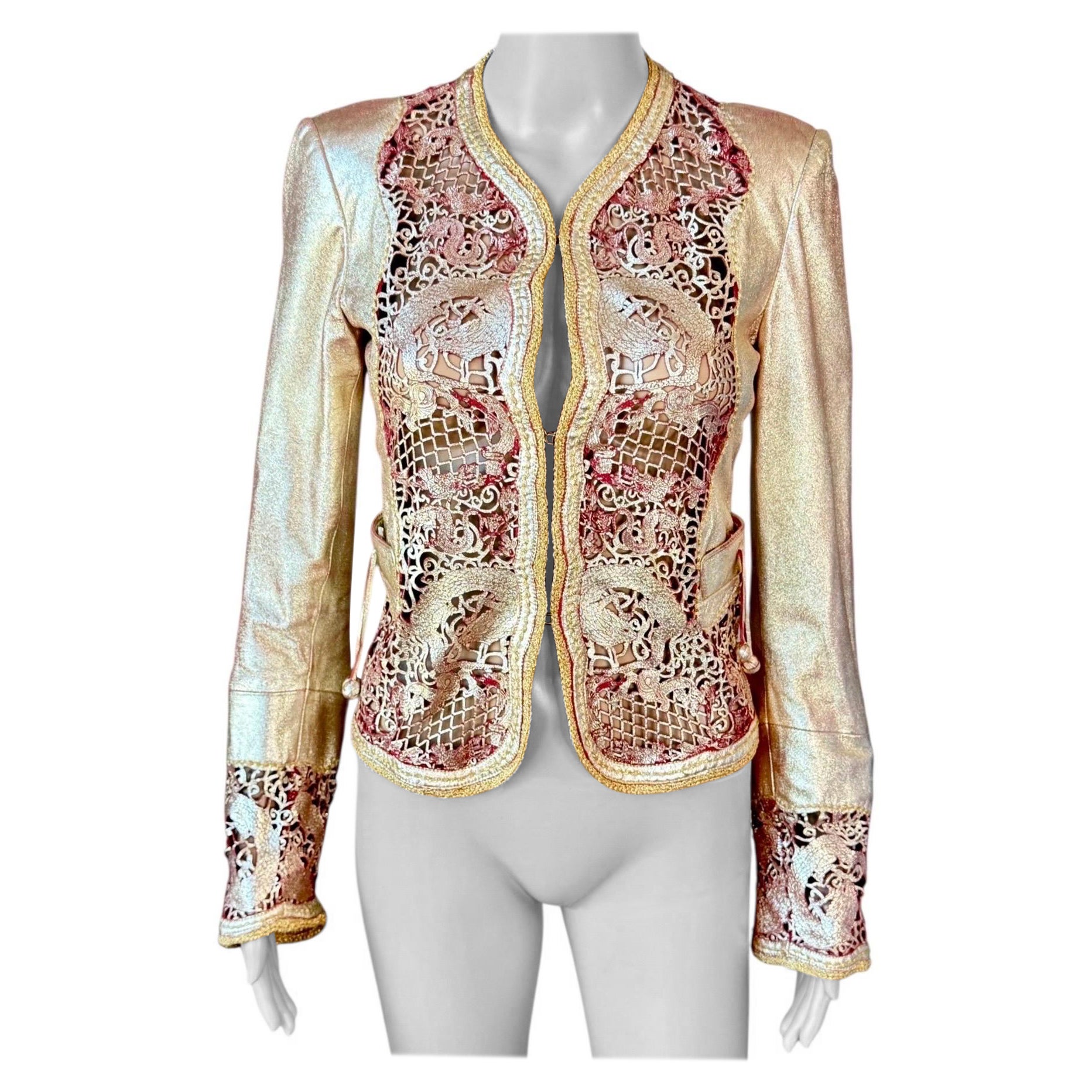 Pre-owned Roberto Cavalli S/s 2007 Runway Chinoiserie Lasercut Leather Gold Jacket Coat