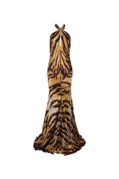 ROBERTO CAVALLI S/s 2007 Tiger Print Golden Snake Hardware Halter Dress Gown