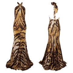 ROBERTO CAVALLI S/s 2007 Tiger Print Golden Snake Hardware Halter Dress Gown