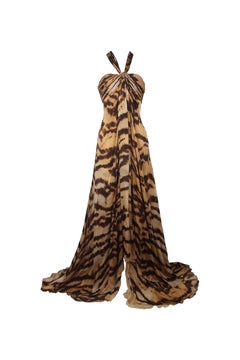 ROBERTO CAVALLI S/s 2007 Tiger Print Golden Snake Hardware Halter Flared Dress