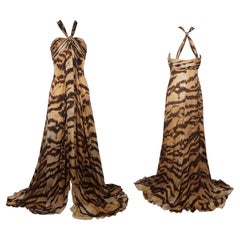 ROBERTO CAVALLI S/s 2007 Tiger Print Golden Snake Hardware Halter Flared Dress