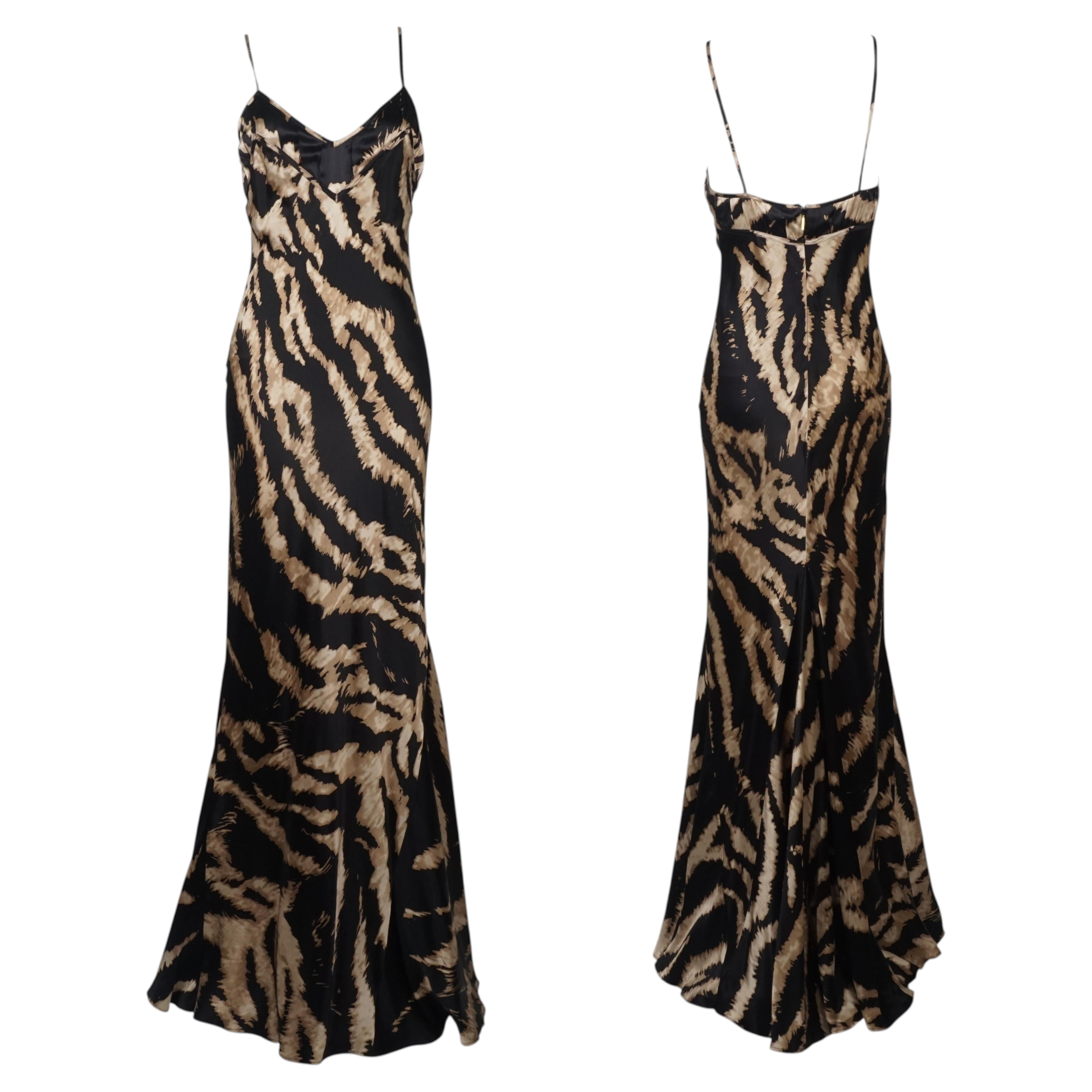 ROBERTO CAVALLI S/s 2007 Zebra Print Bias Cut Silk Slip Dress Gown