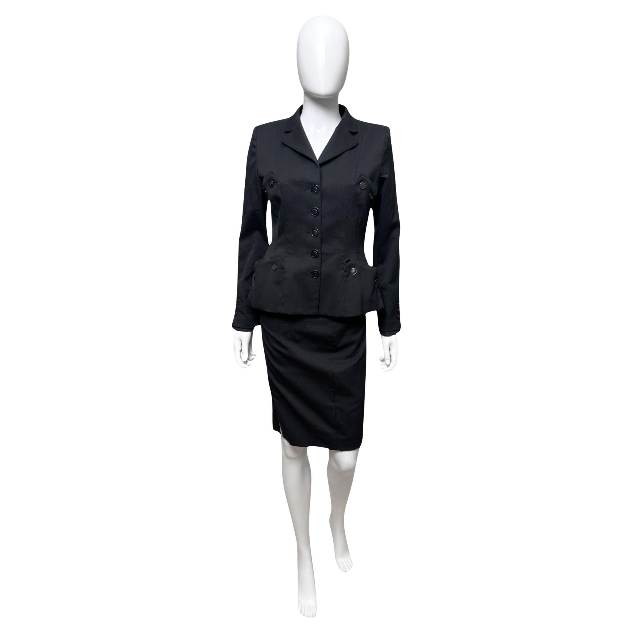 Roberto Cavalli S/S 2008 Buttoned Pockets Wool Black Tailleur Size M / US 6-8 For Sale