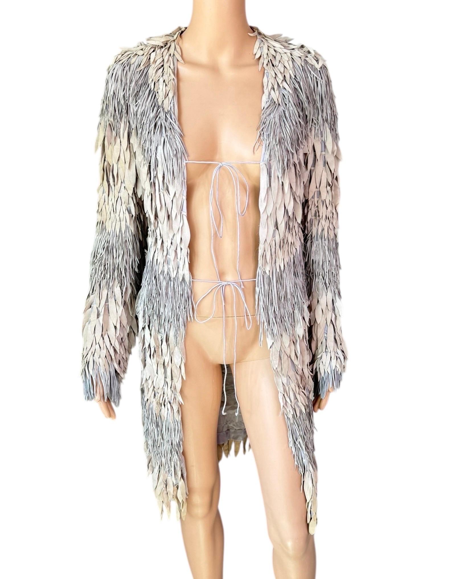 Roberto Cavalli S/S 2008 Runway Leather Silk Fringed Jacket Coat In Good Condition For Sale In Naples, FL
