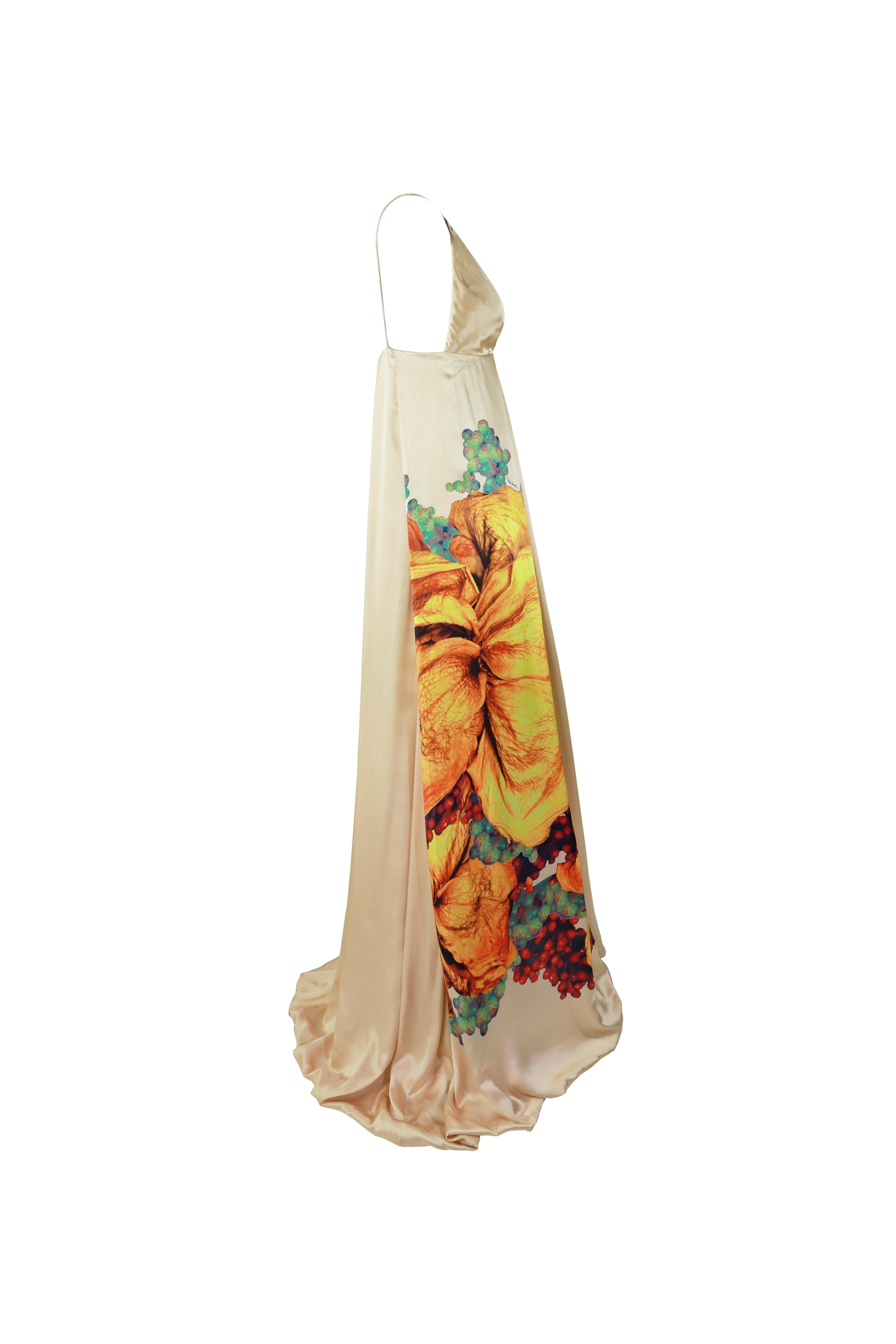 ROBERTO CAVALLI S/s 2008 Abito in seta avorio con stampa floreale e svasatura ampia Nuovo con etichetta in vendita 2
