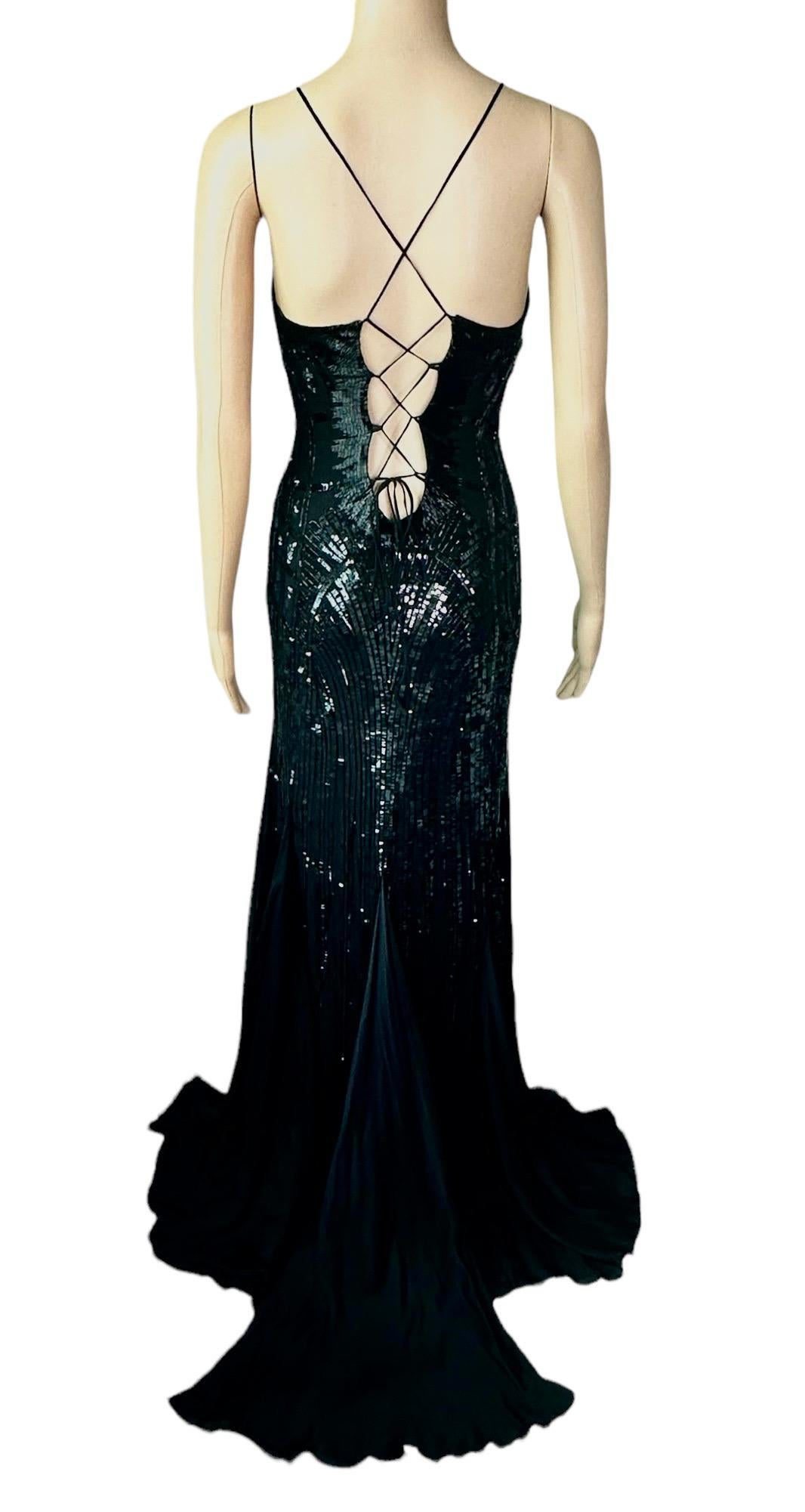 Roberto Cavalli S/S 2011 Embellished Plunged Lace Up Black Evening Dress Gown In Good Condition In Naples, FL