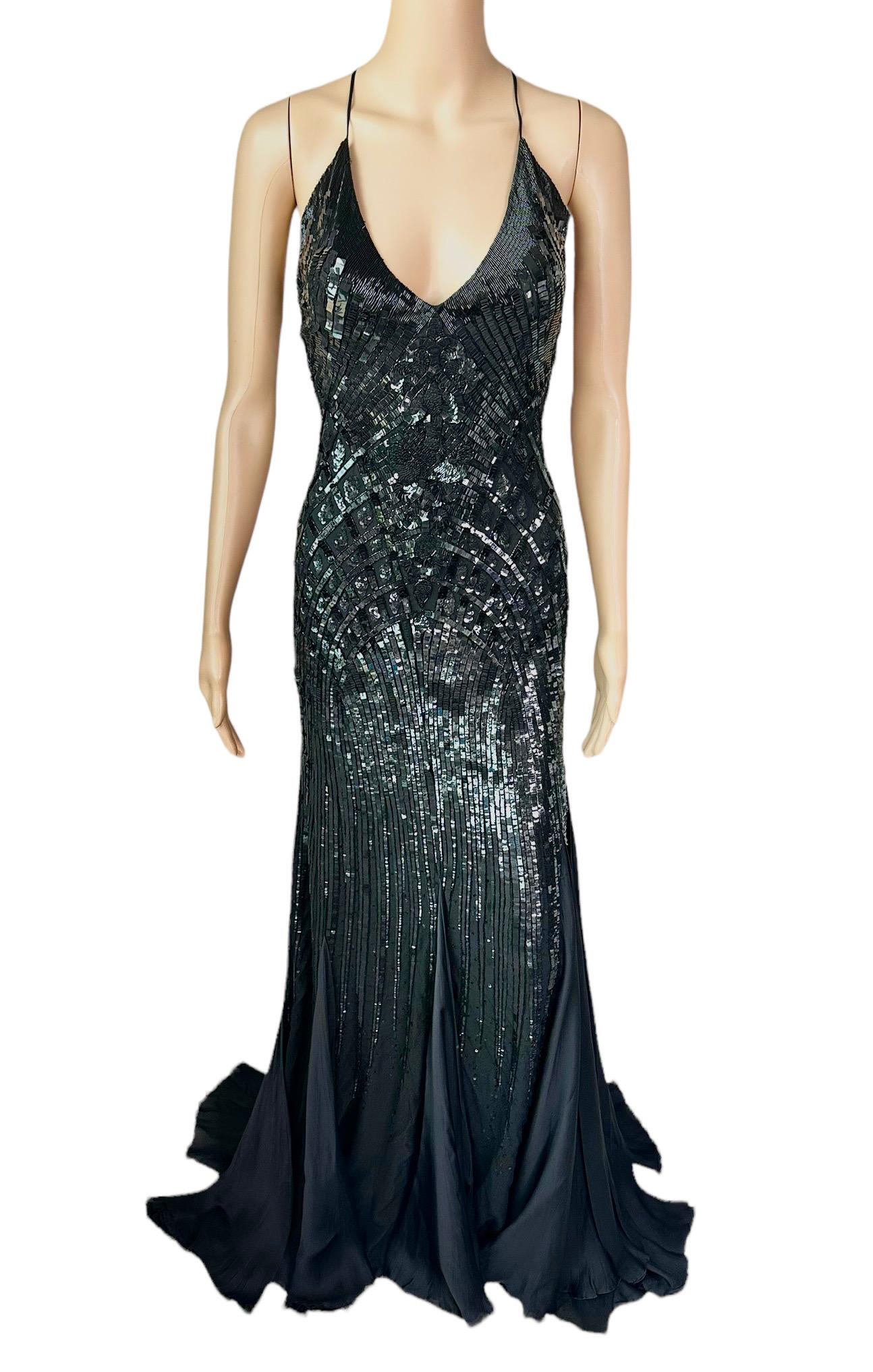 Roberto Cavalli S/S 2011 Embellished Plunged Lace Up Black Evening Dress Gown 5