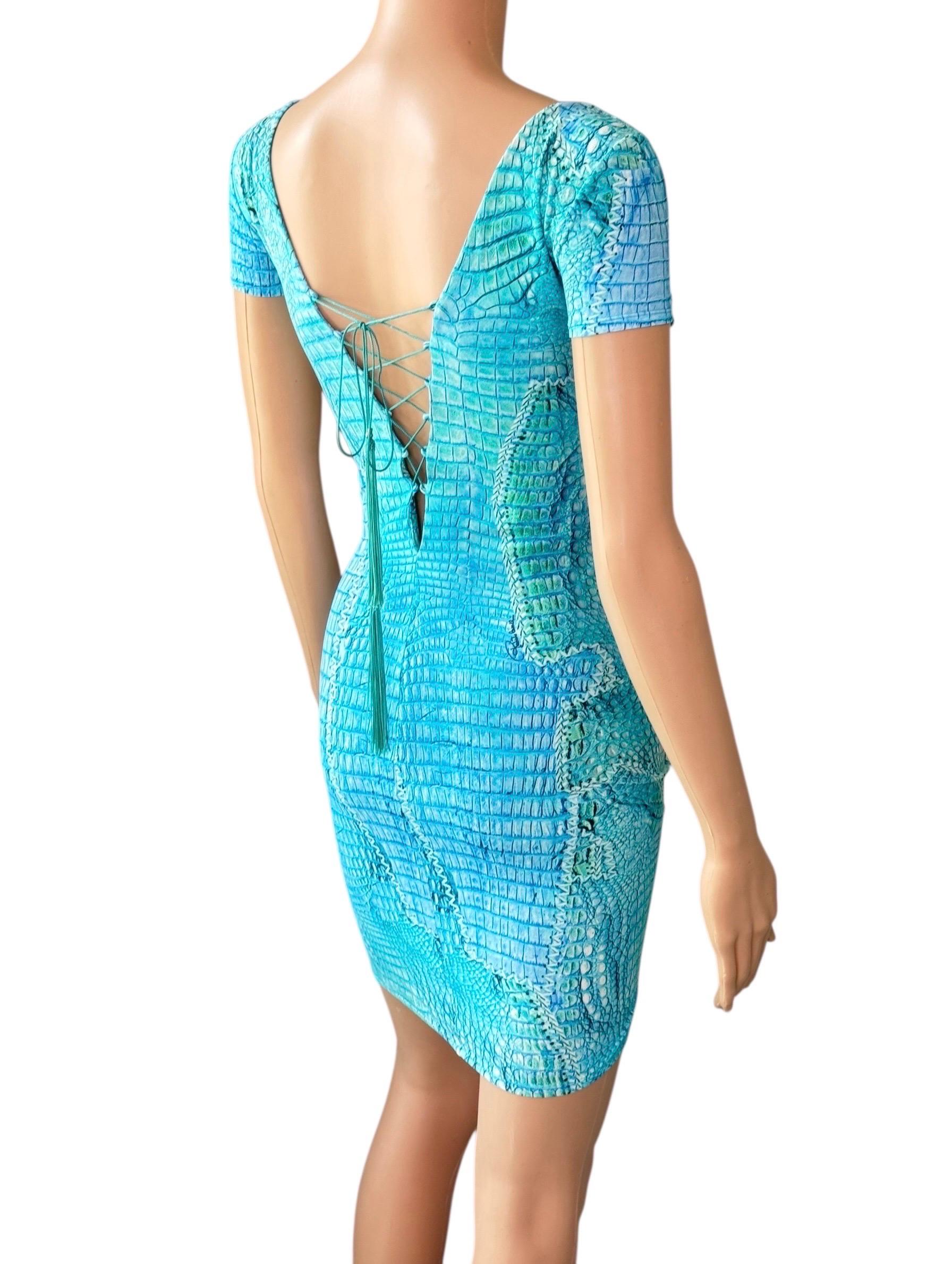 Roberto Cavalli, mini-robe bleue à lacets et imprimé animal, P/E 2011 en vente 5