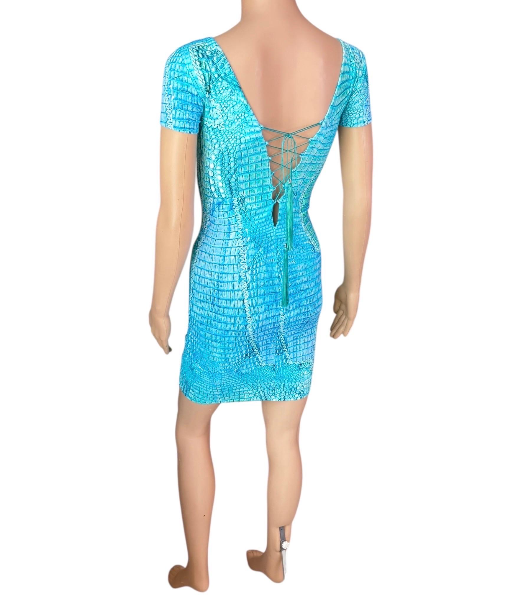 Bleu Roberto Cavalli, mini-robe bleue à lacets et imprimé animal, P/E 2011 en vente
