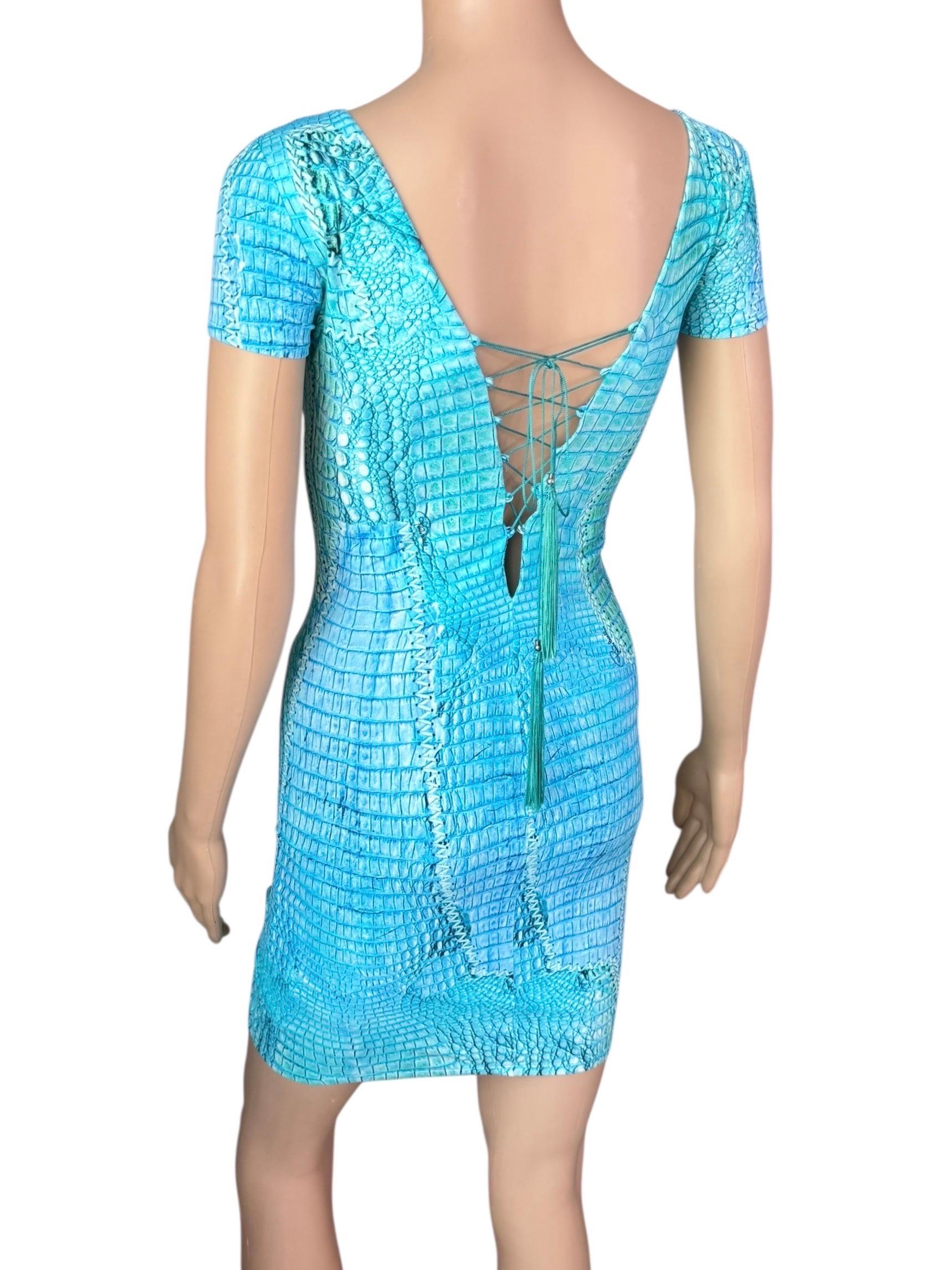 Roberto Cavalli, mini-robe bleue à lacets et imprimé animal, P/E 2011 en vente 1