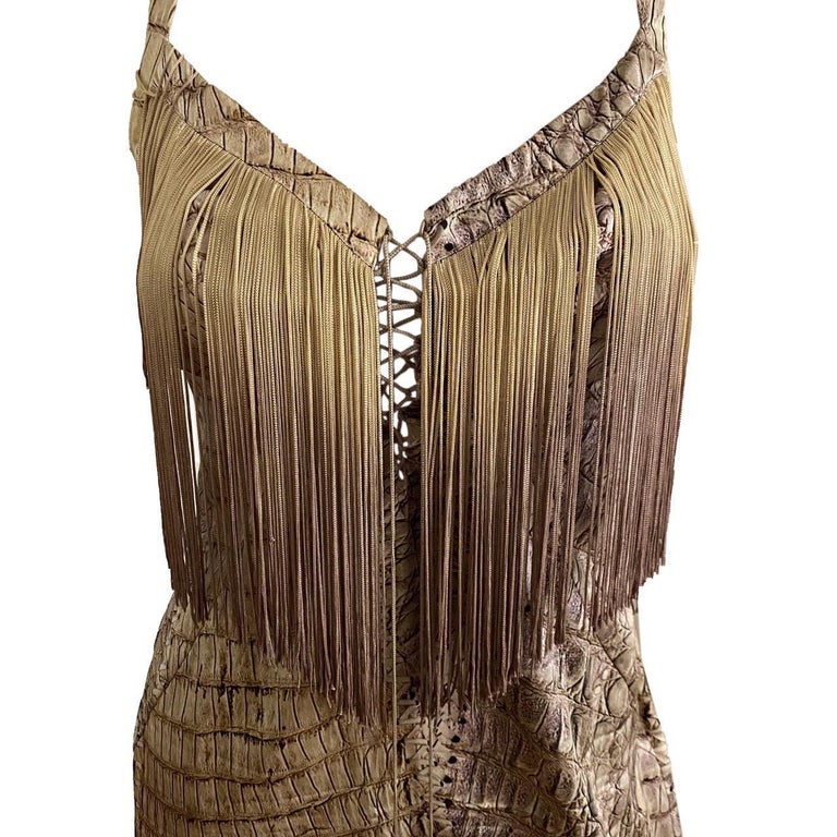 Roberto Cavalli S/S 2011 Lace-Up front Fringed Croc dress For Sale at ...