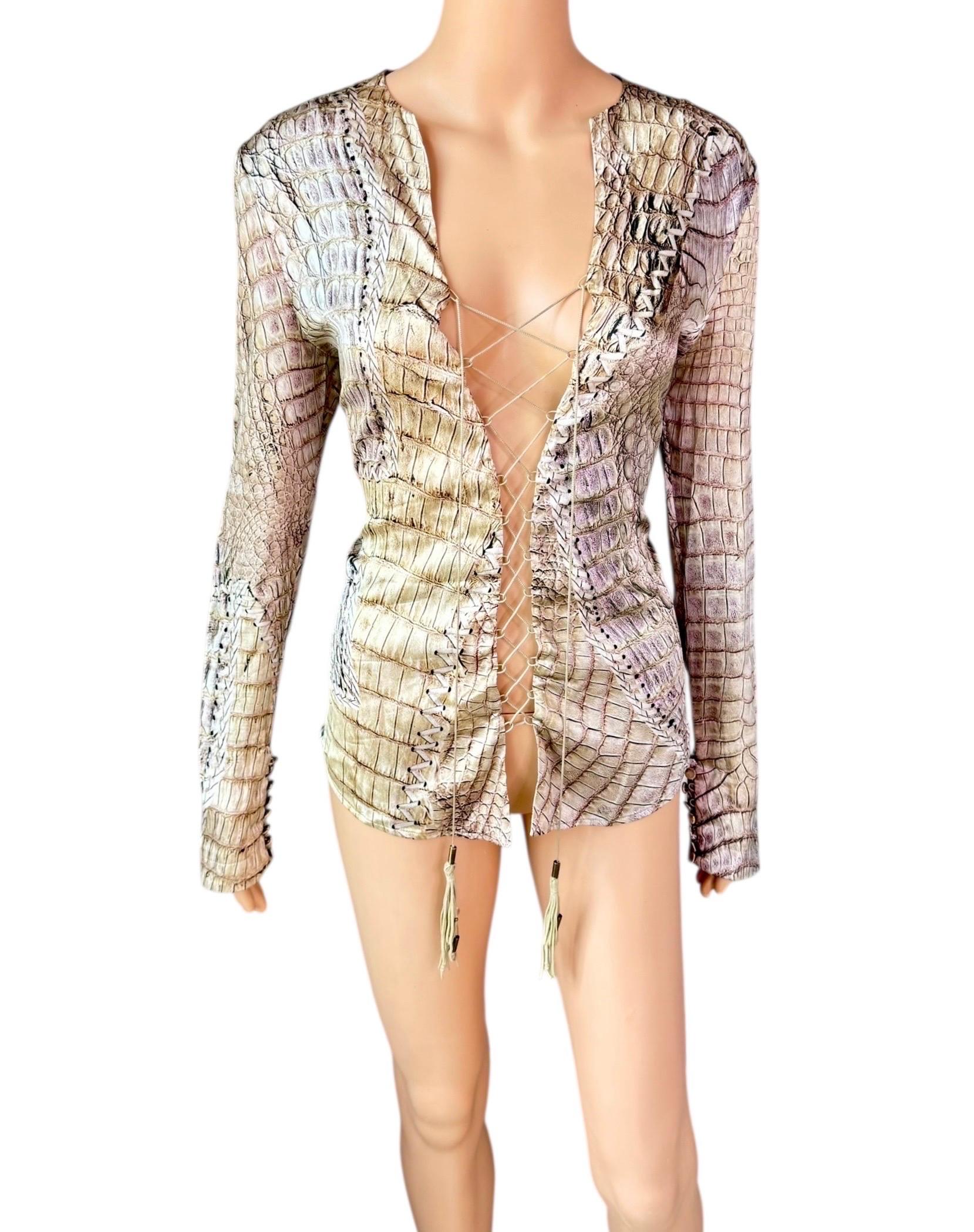 Roberto Cavalli S/S 2011 Lace Up Plunging Neckline Reptile Print Silk Blouse Top en vente 5