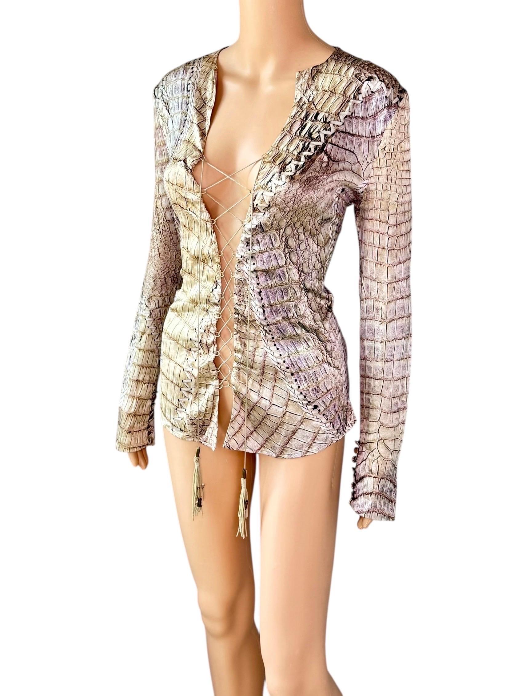 Roberto Cavalli S/S 2011 Lace Up Plunging Neckline Reptile Print Silk Blouse Top

Size: IT 44

Condition: Excellent