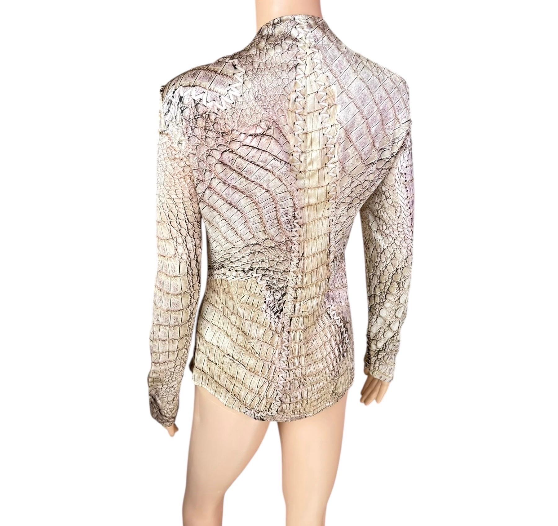 Roberto Cavalli S/S 2011 Lace Up Plunging Neckline Reptile Print Silk Blouse Top Pour femmes en vente