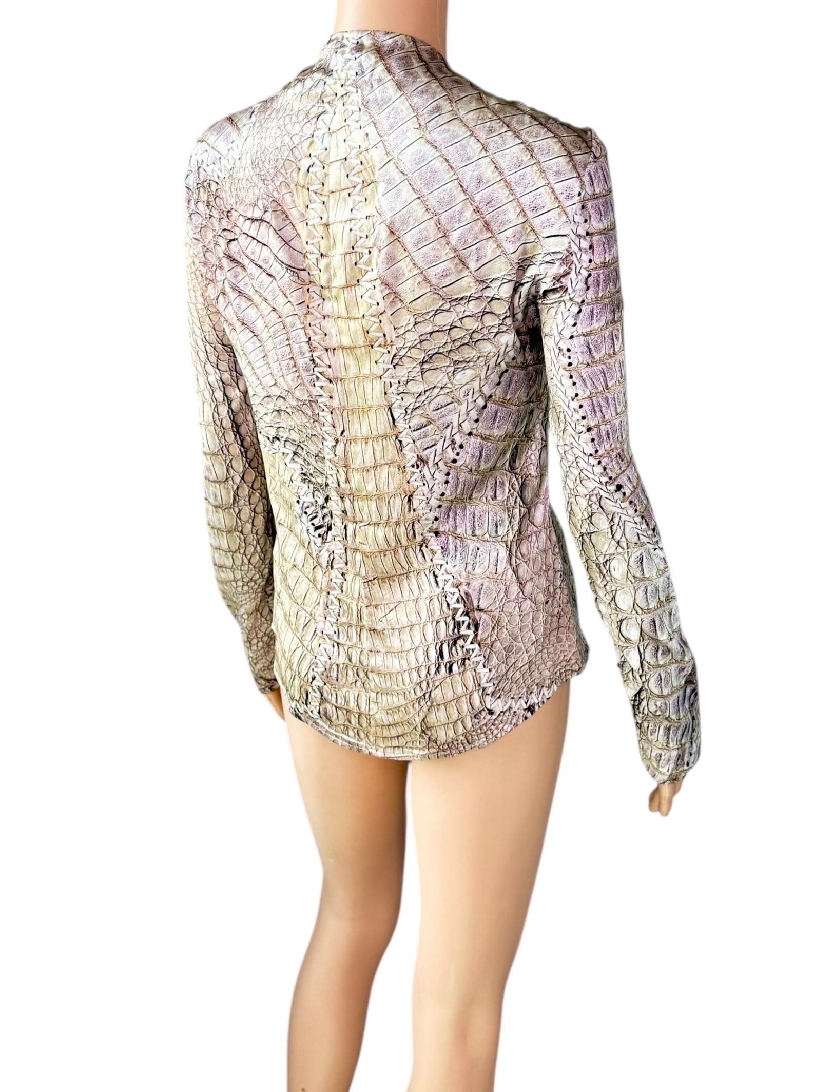 Roberto Cavalli S/S 2011 Lace Up Plunging Neckline Reptile Print Silk Blouse Top en vente 4