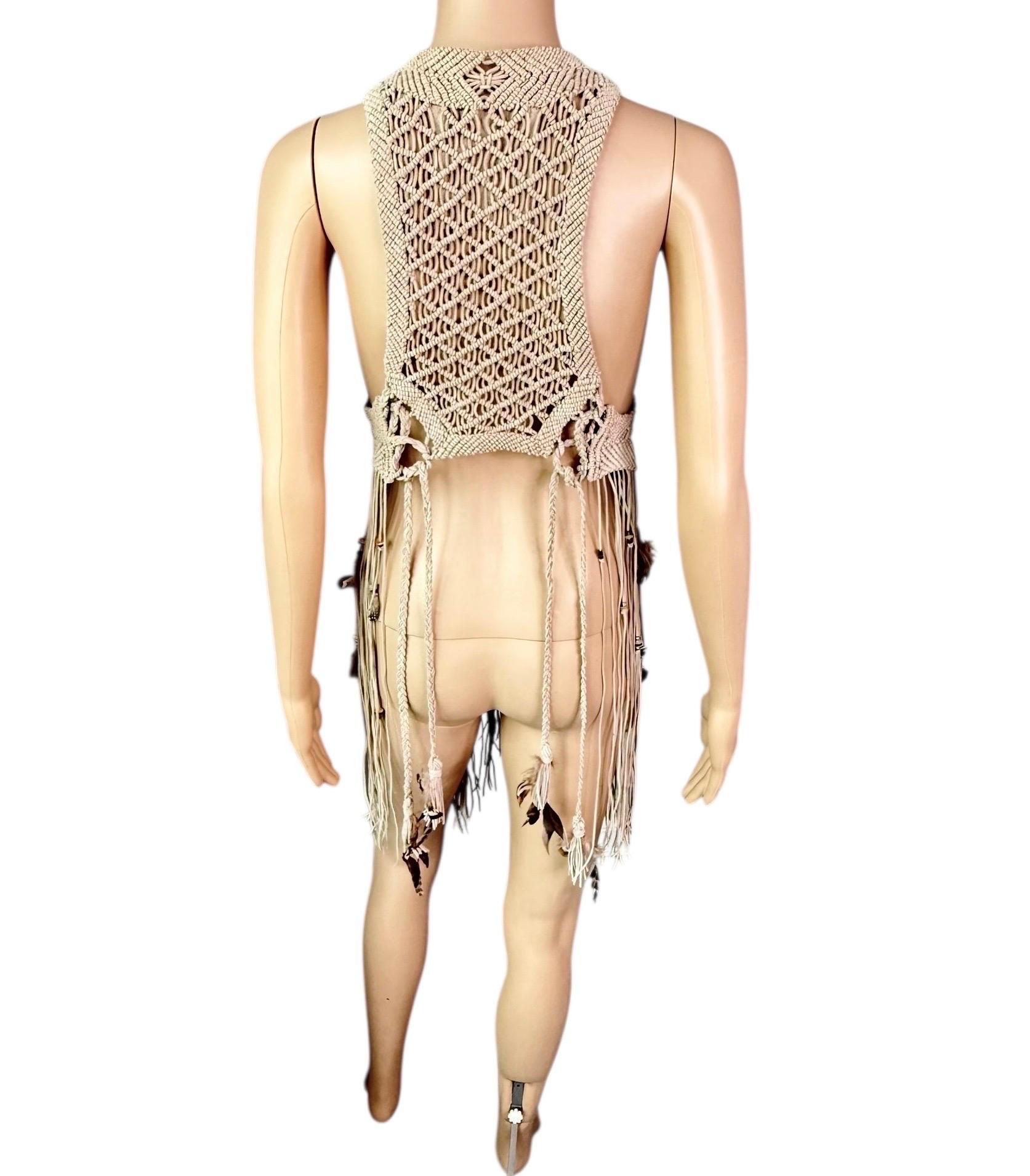 Gray Roberto Cavalli S/S 2011 Leather Feather Embellished Fringed Top Vest Jacket For Sale