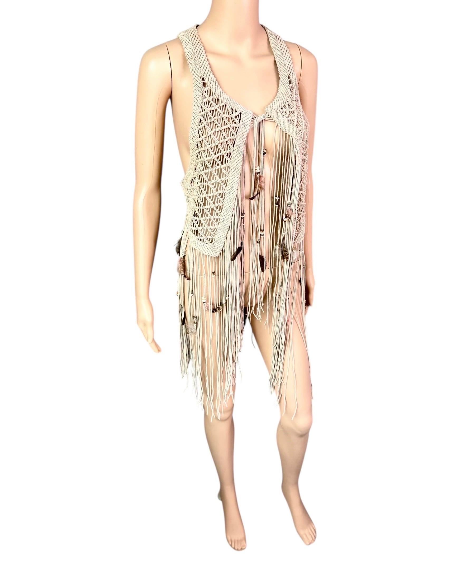 Roberto Cavalli S/S 2011 Leather Feather Embellished Fringed Top Vest Jacket In Excellent Condition For Sale In Naples, FL
