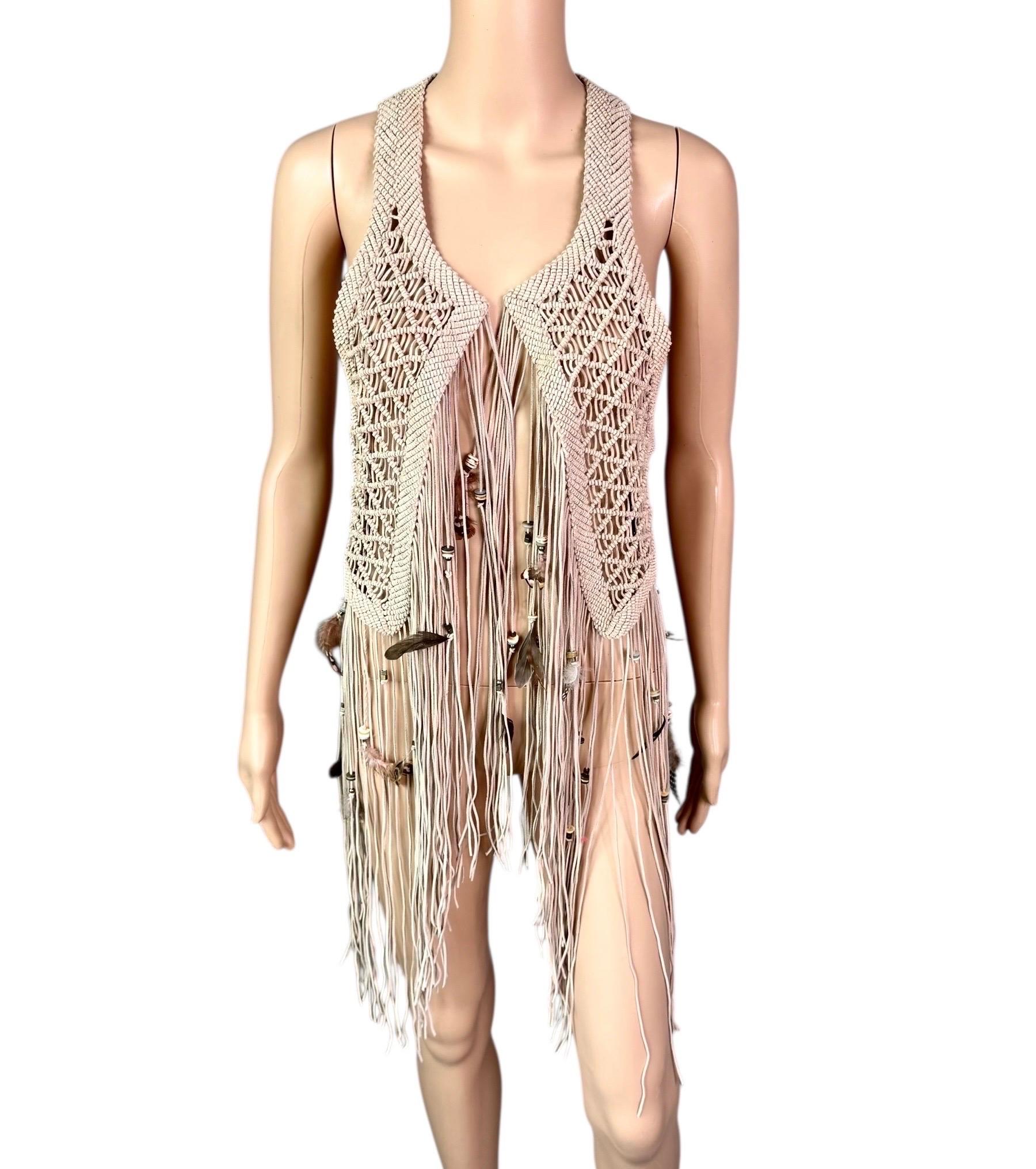 Women's Roberto Cavalli S/S 2011 Leather Feather Embellished Fringed Top Vest Jacket For Sale