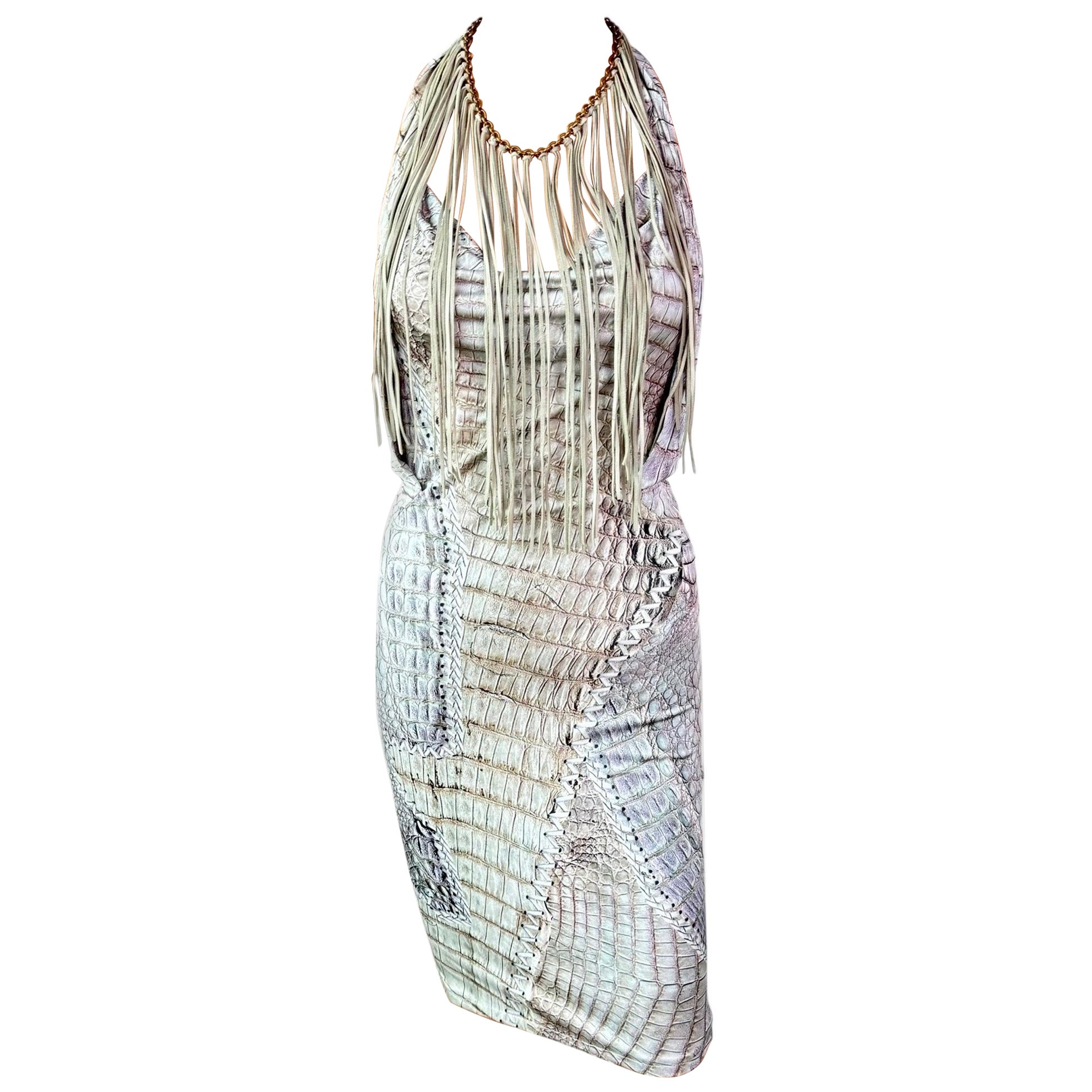 Roberto Cavalli - P/E 2011 - Vestito con frange in pelle e catena con stampa rettile in vendita