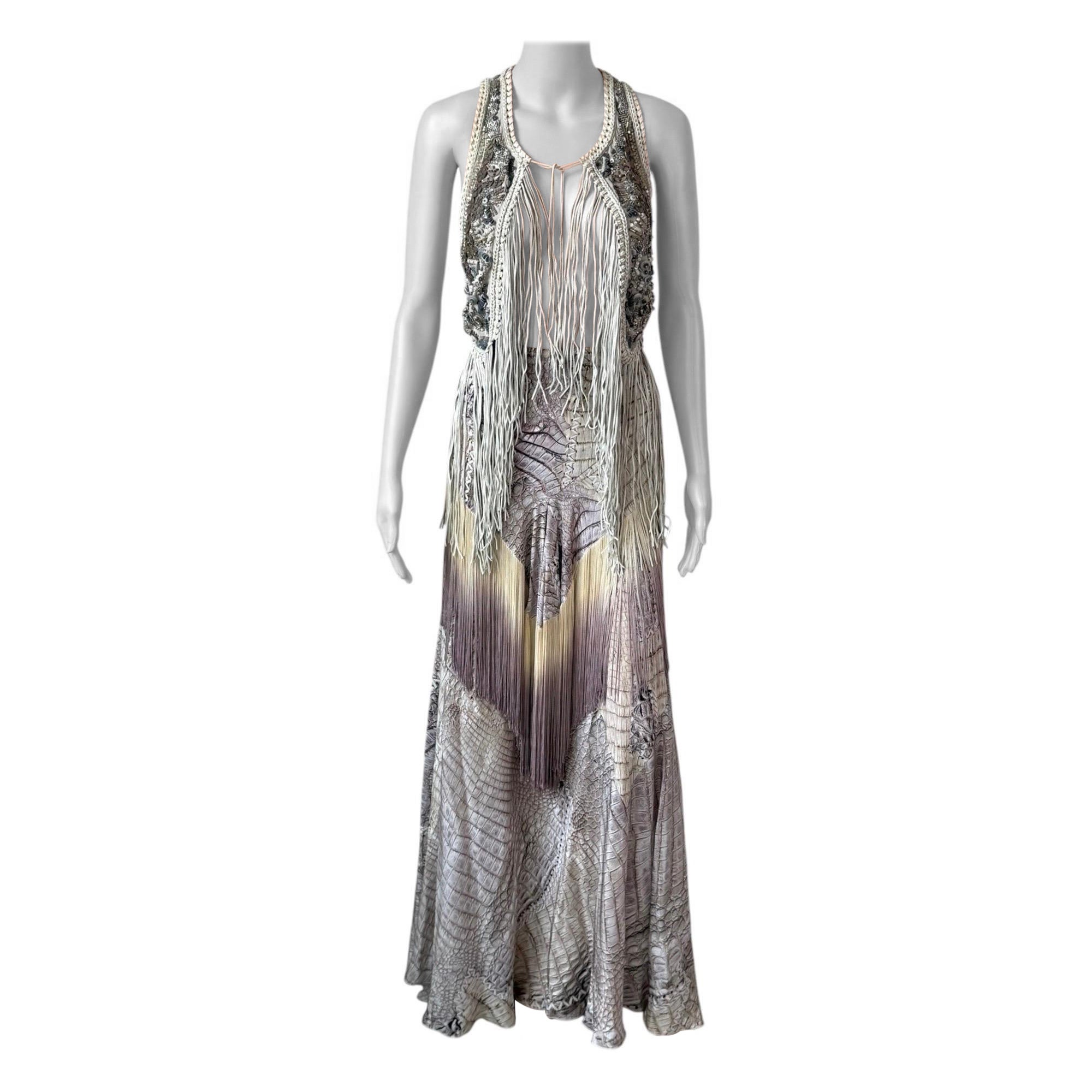 Ensemble 2 pièces Roberto Cavalli printemps-été 2011 : gilet et jupe en cuir à franges