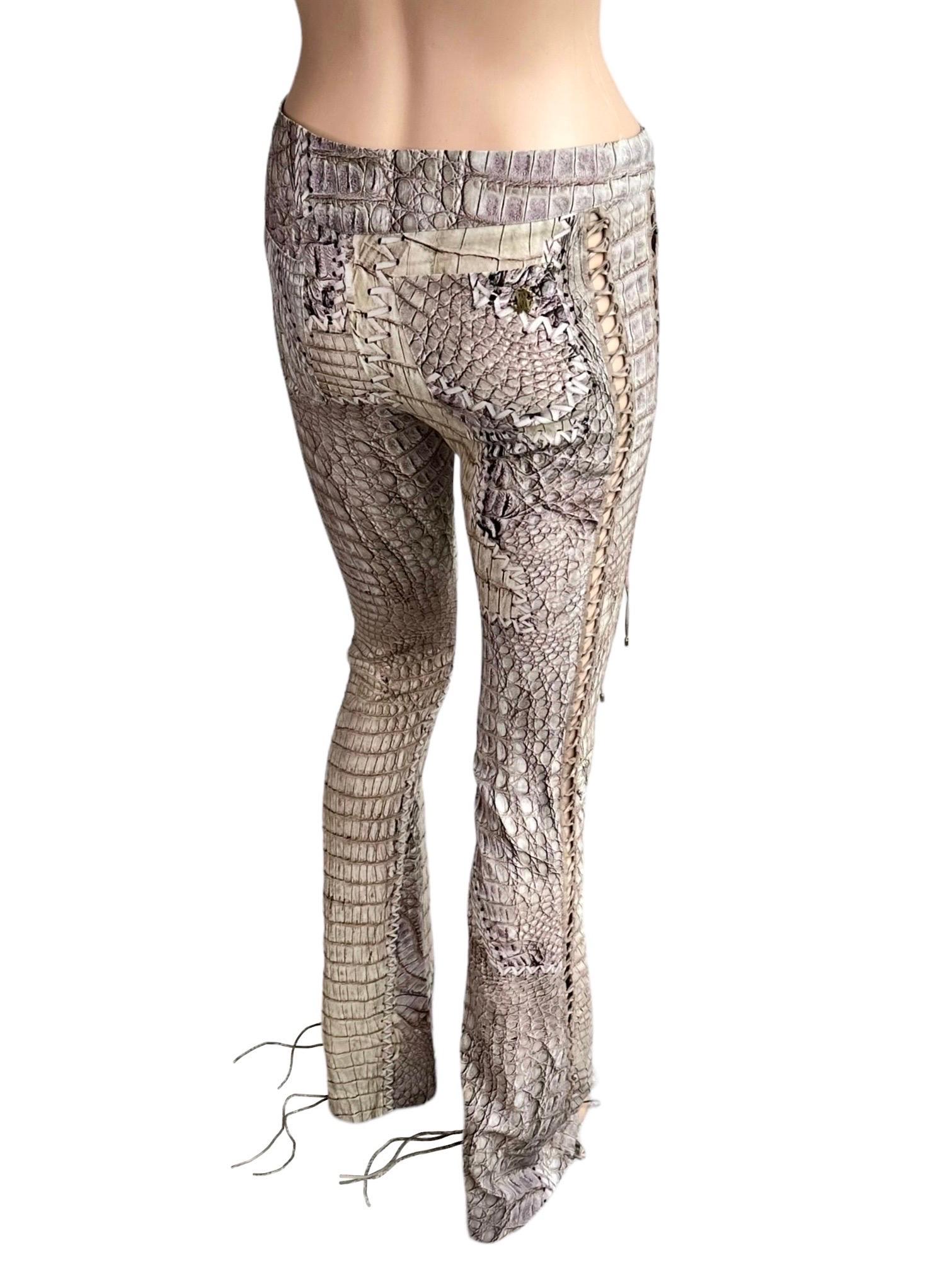 Roberto Cavalli S/S 2011 Runway Lace Up Fringe Leather Reptile Print Silk Pants 5