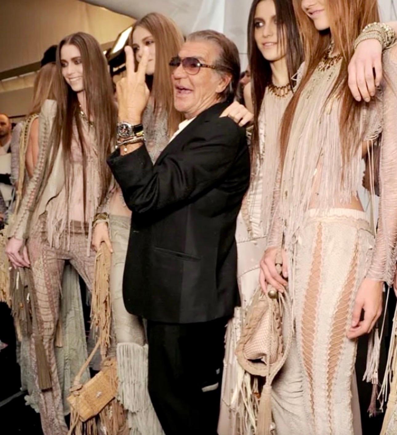 Roberto Cavalli S/S 2011 Runway Lace Up Fringe Leather Reptile Print Silk Pants 9