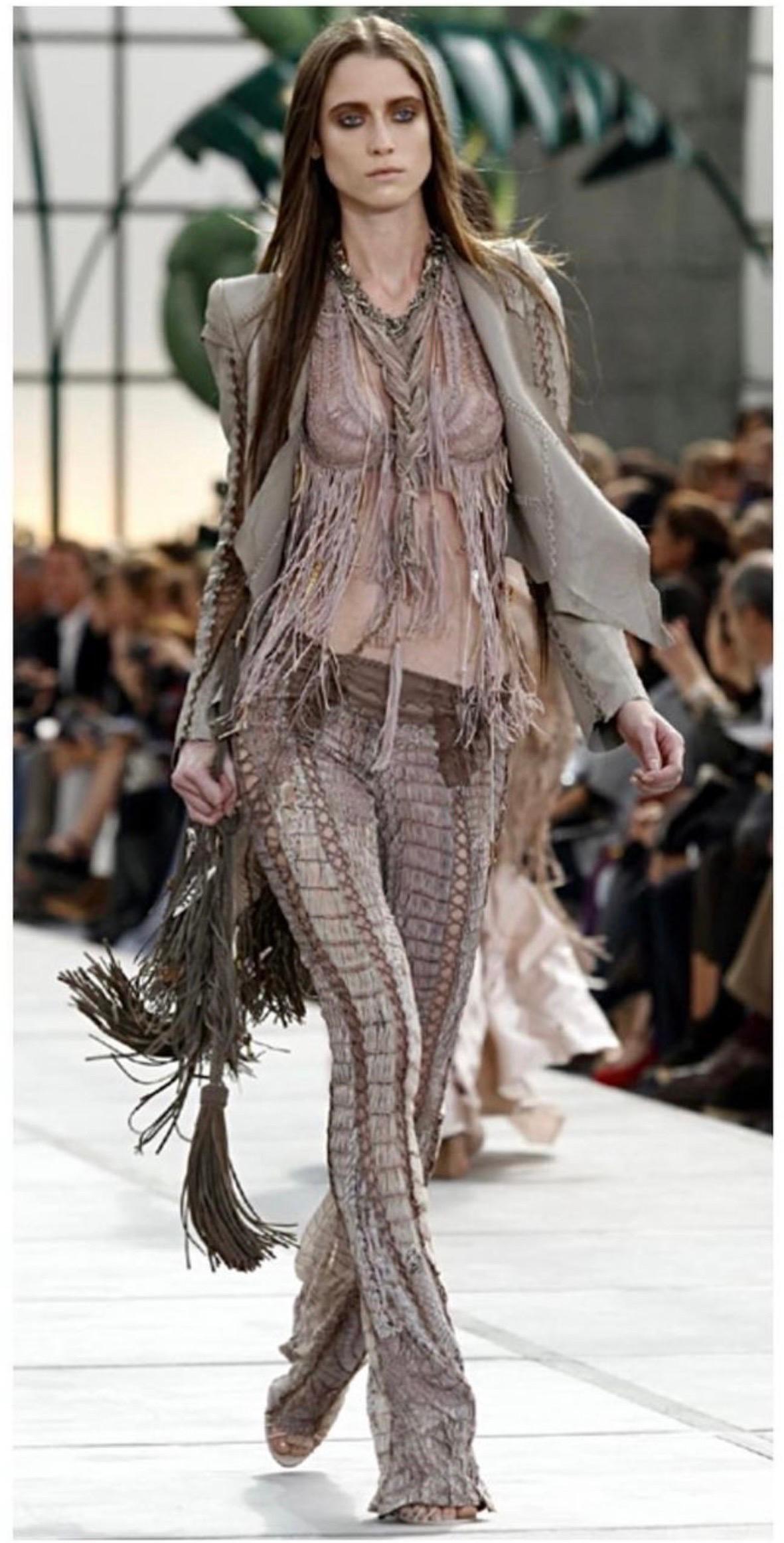 Roberto Cavalli S/S 2011 Runway Lace Up Fringe Leather Reptile Print Silk Pants 10