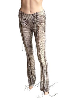 Roberto Cavalli S/S 2011 Runway Lace Up Fringe Leather Reptile Print Silk Pants
