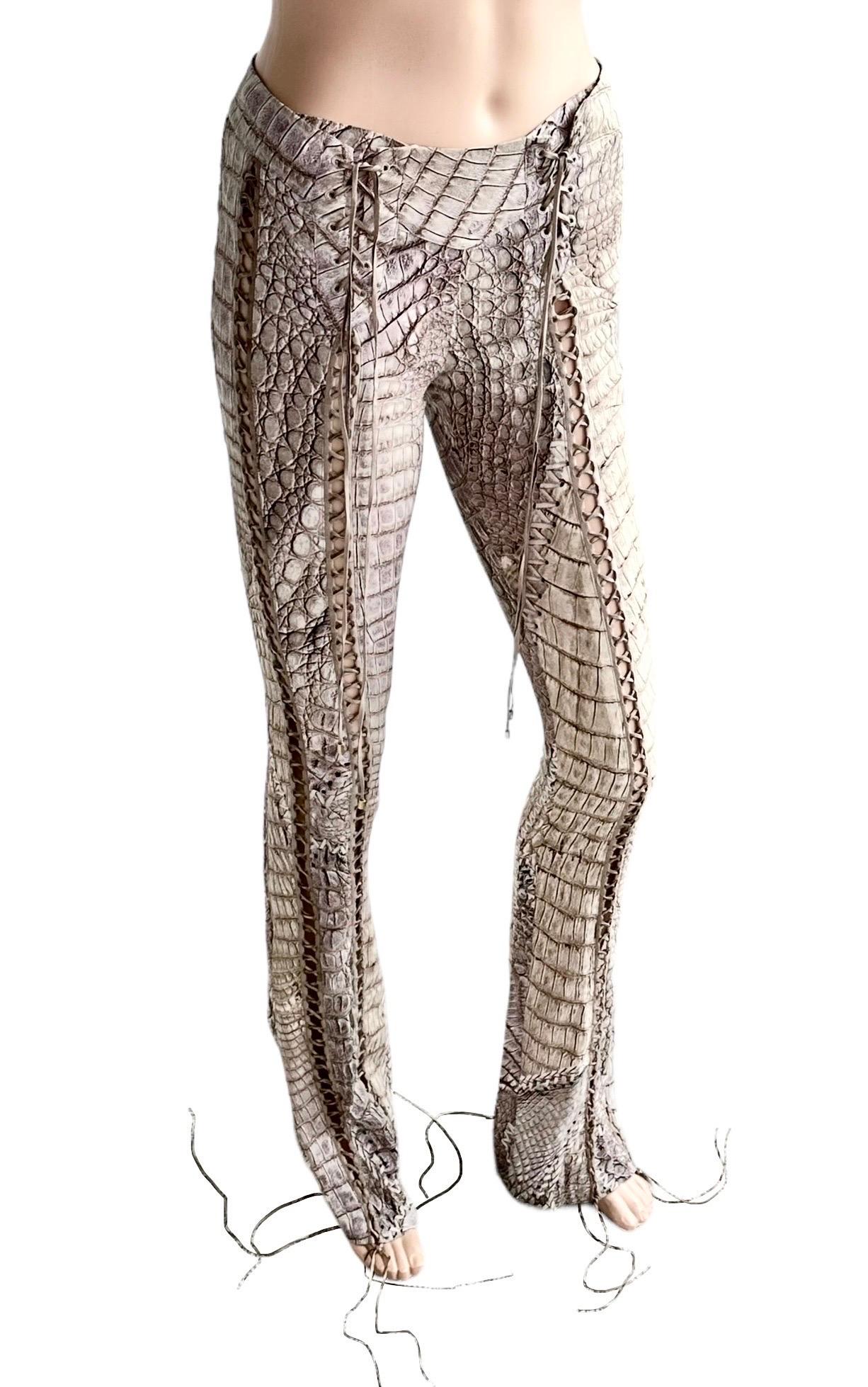 Gray Roberto Cavalli S/S 2011 Runway Lace Up Fringe Leather Reptile Print Silk Pants