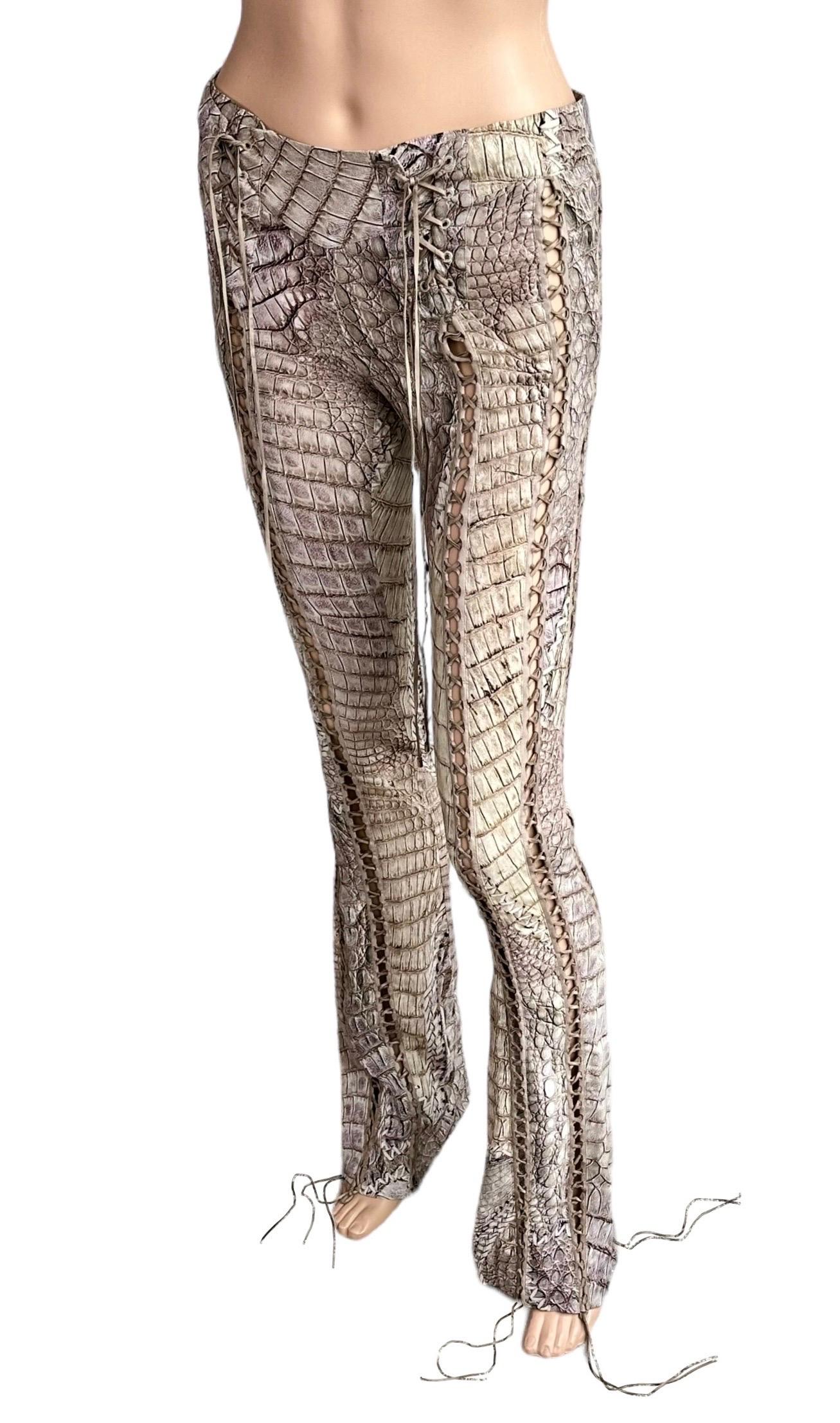 Roberto Cavalli S/S 2011 Runway Lace Up Fringe Leather Reptile Print Silk Pants In Good Condition In Naples, FL