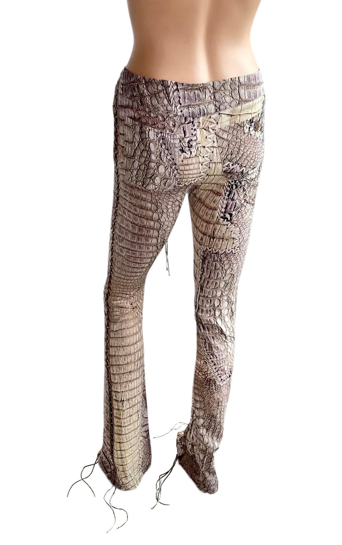 Roberto Cavalli S/S 2011 Runway Lace Up Fringe Leather Reptile Print Silk Pants 1