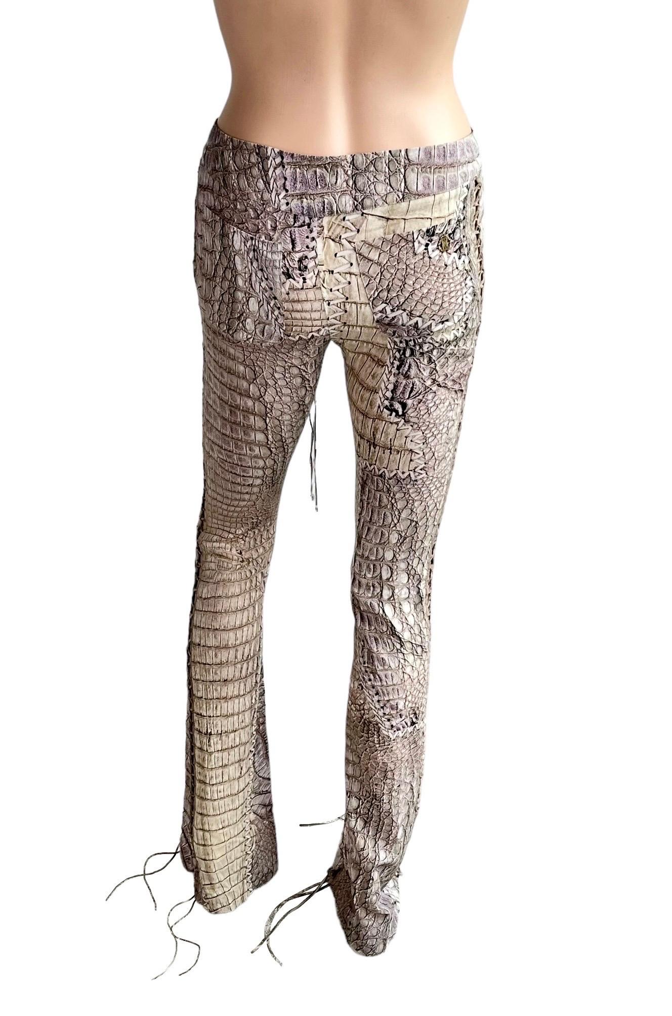 Roberto Cavalli S/S 2011 Runway Lace Up Fringe Leather Reptile Print Silk Pants 2