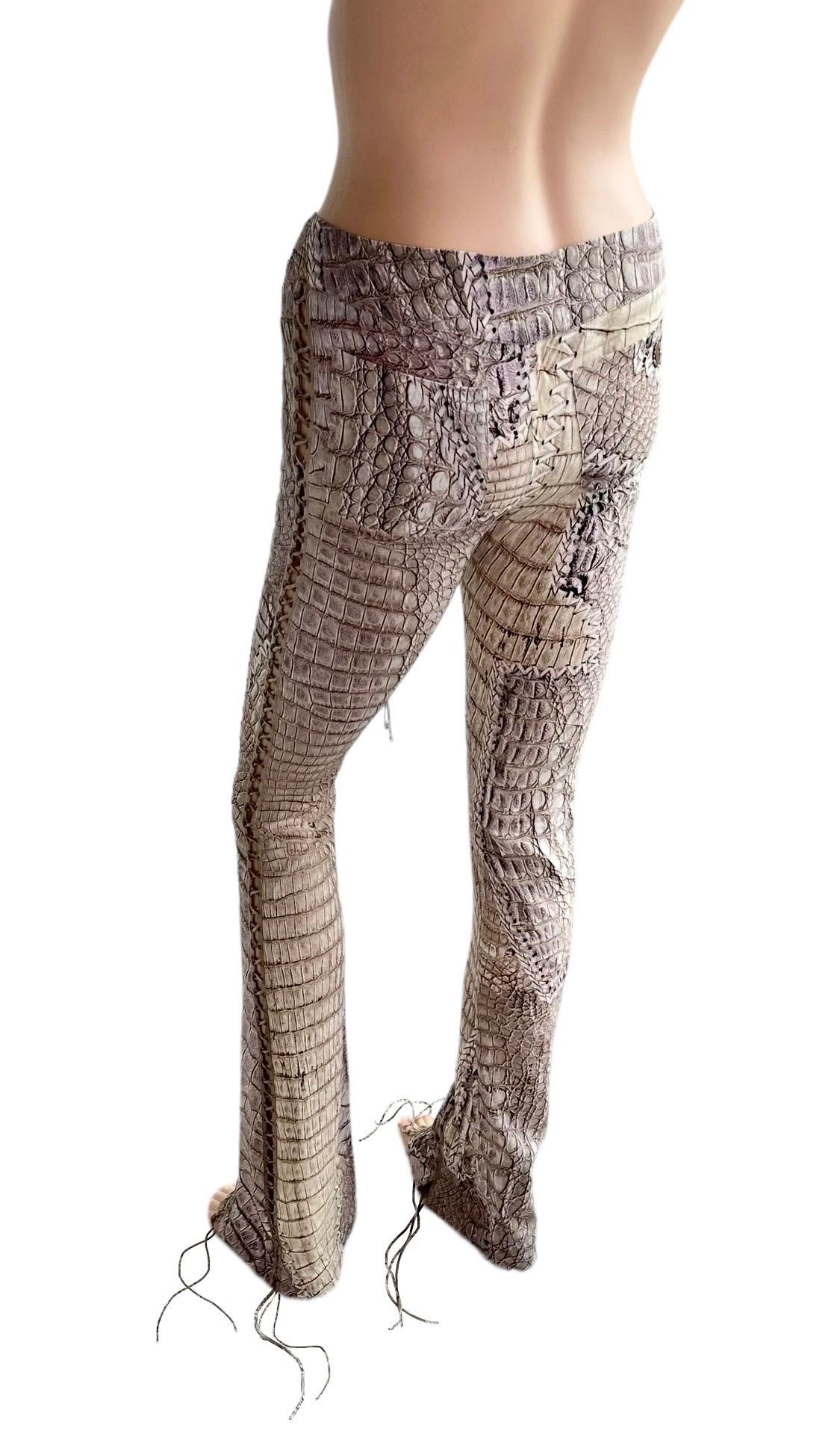 Roberto Cavalli S/S 2011 Runway Lace Up Fringe Leather Reptile Print Silk Pants 3