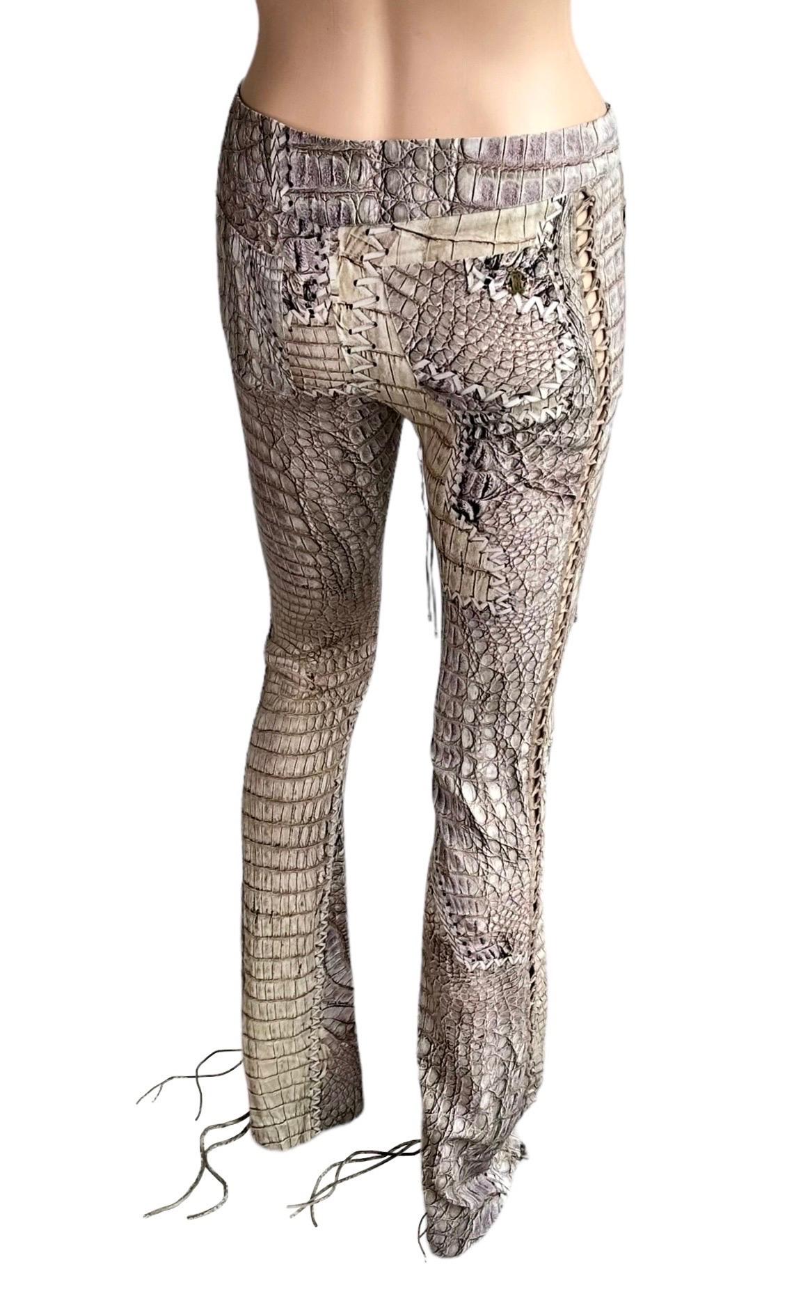 Roberto Cavalli S/S 2011 Runway Lace Up Fringe Leather Reptile Print Silk Pants 4