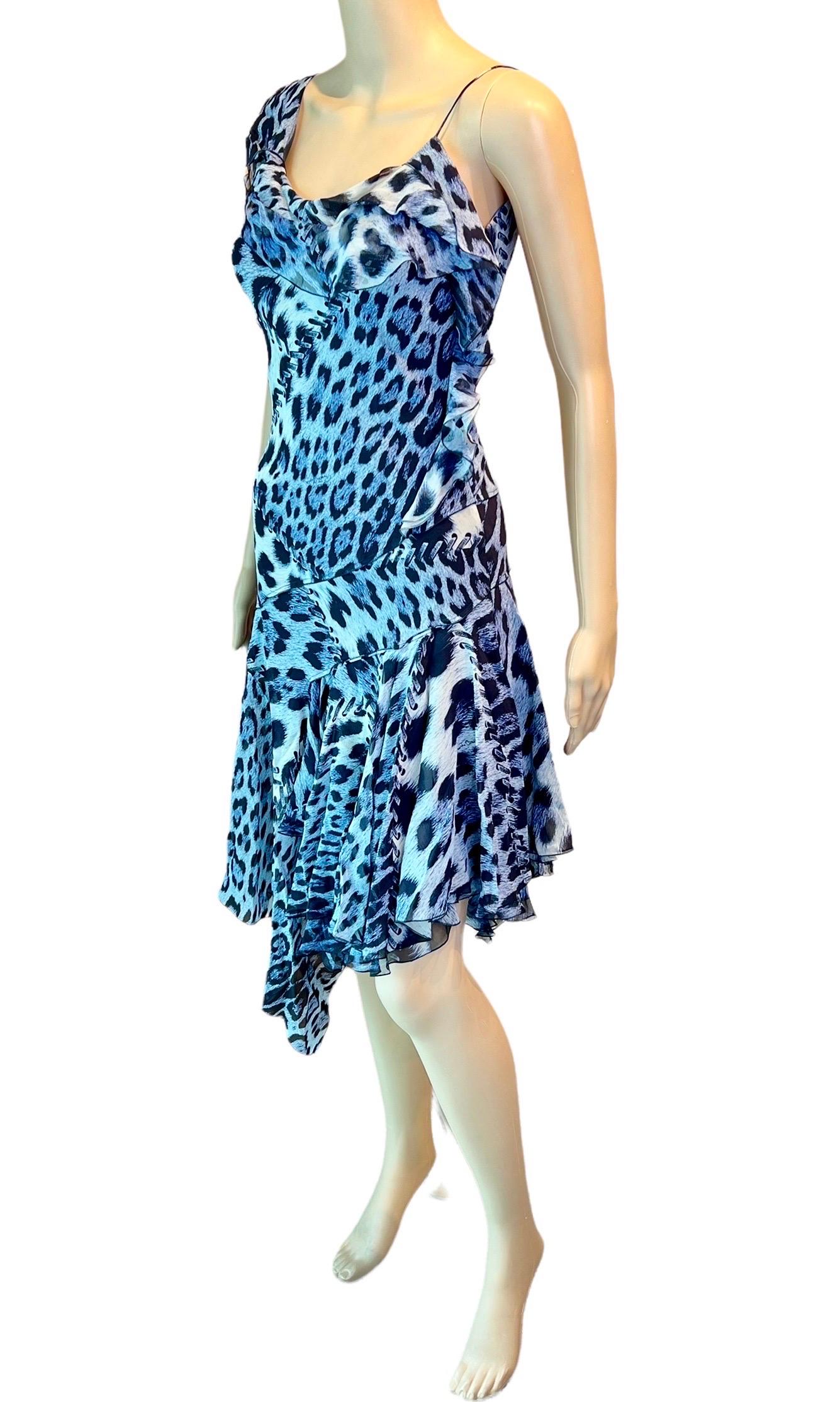 Blue Roberto Cavalli S/S 2011 Silk Bias Cut Asymmetrical Animal Print Slip Dress For Sale