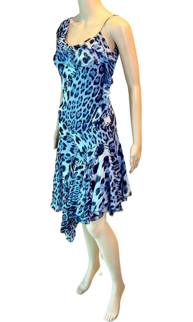 Blue Roberto Cavalli S/S 2011 Silk Bias Cut Asymmetrical Animal Print Slip Dress  For Sale
