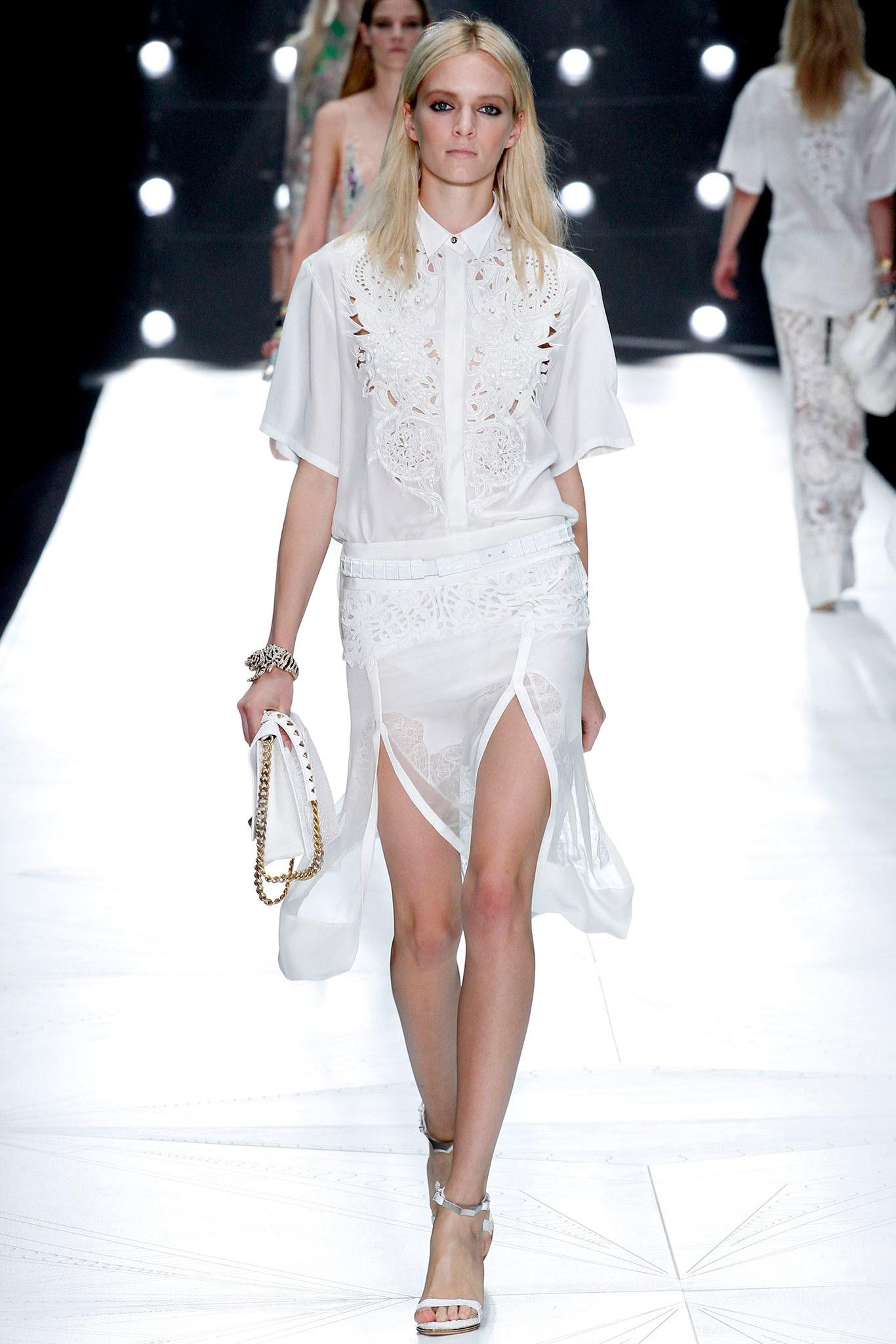 - Designed by Roberto Cavalli
- Sold by Skof.Archive
- Spring Summer 2013
- Runway Piece
- Laser-cut openwork pattern along the waistband with intricate floral/botanical motifs
- Semi-sheer, lightweight construction with subtle layering
-