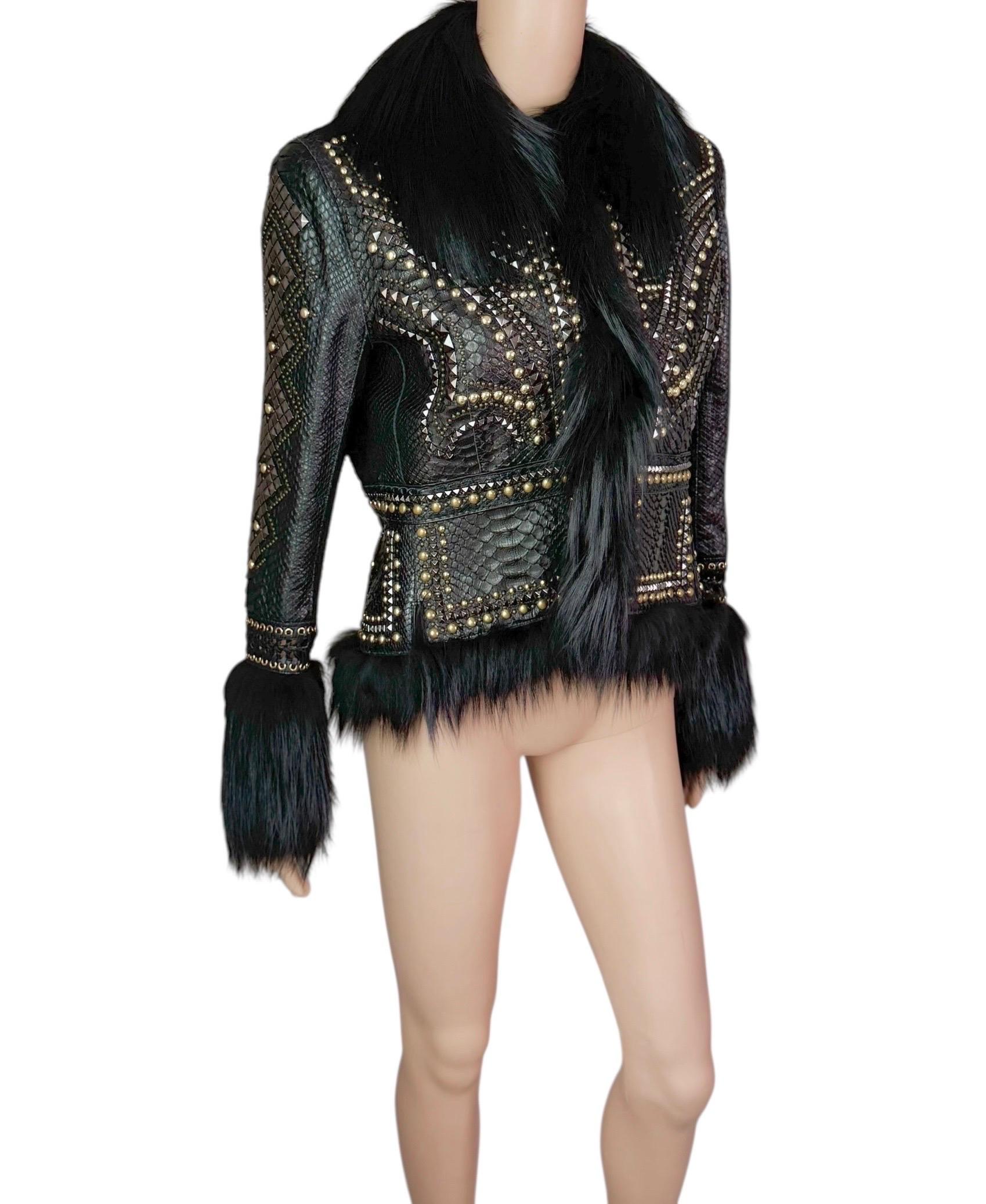 Roberto Cavalli S/S 2014 Embellished Studded Python Leather & Fur Jacket Coat For Sale 11