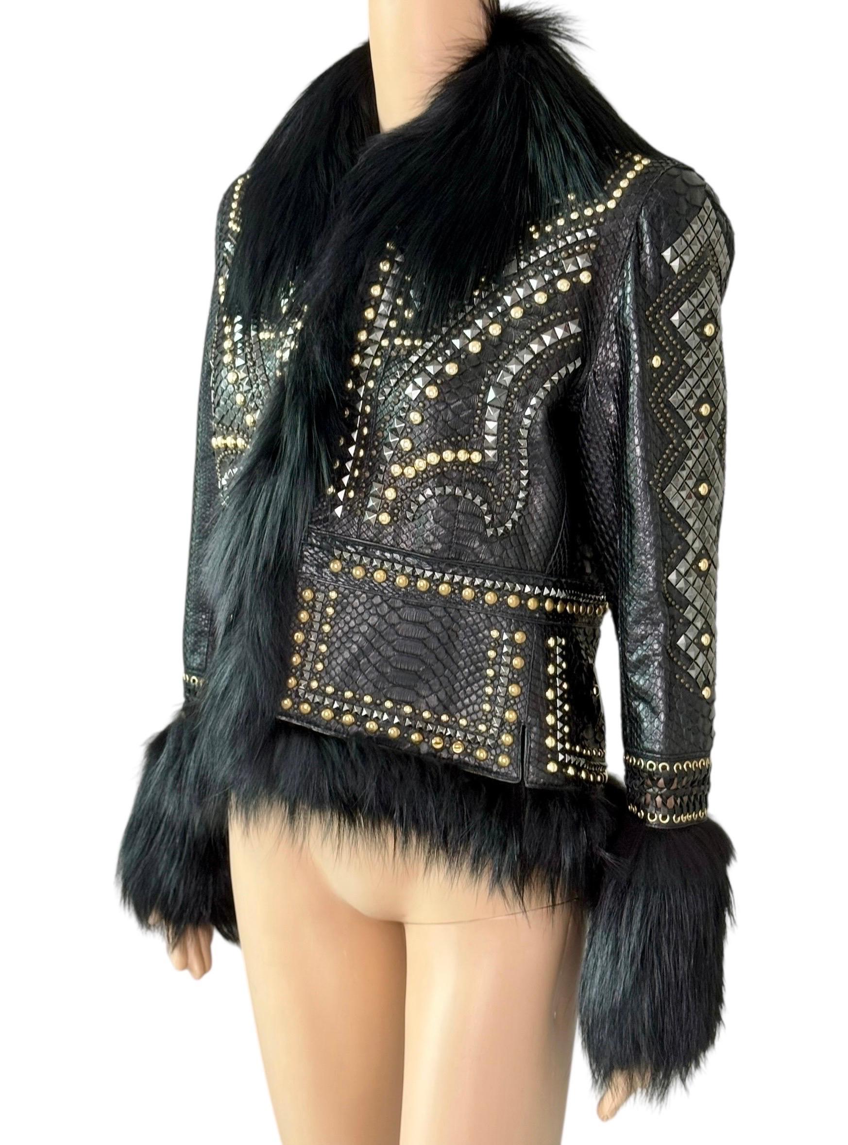 Black Roberto Cavalli S/S 2014 Embellished Studded Python Leather & Fur Jacket Coat For Sale