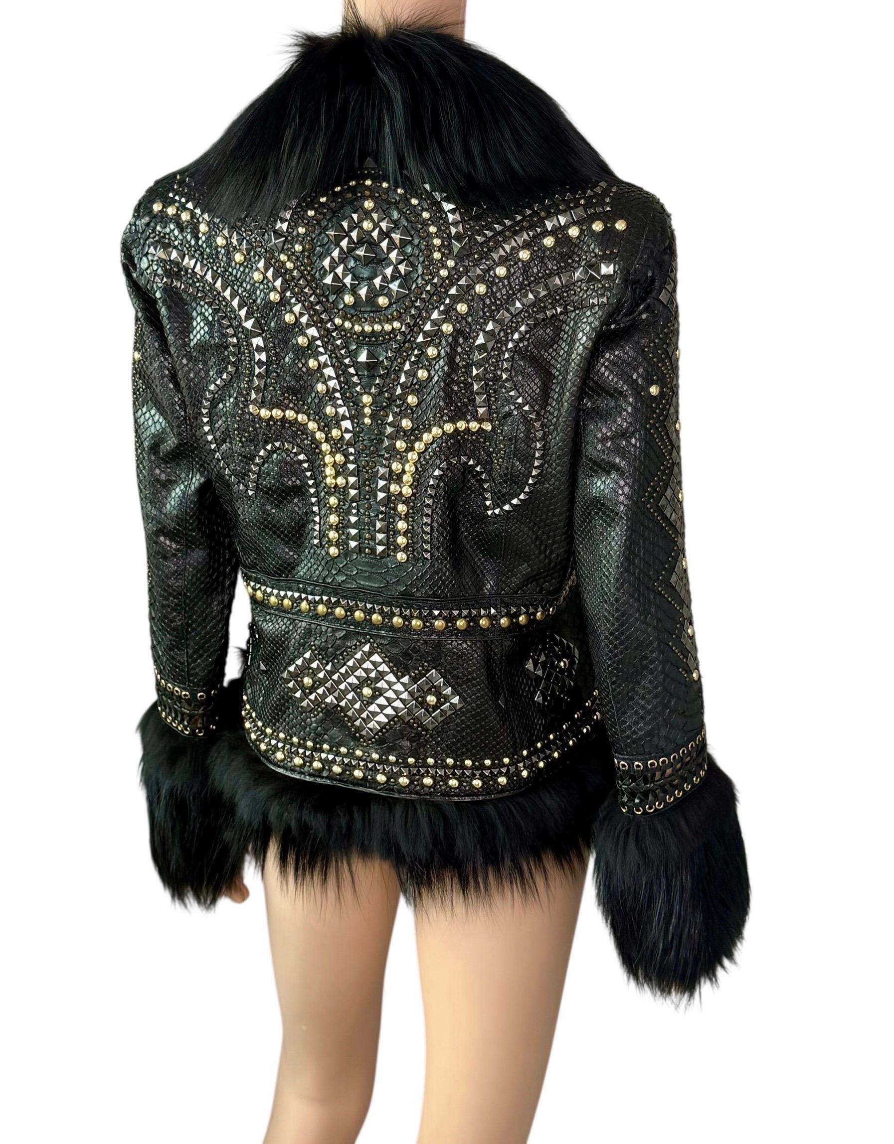 Roberto Cavalli S/S 2014 Embellished Studded Python Leather & Fur Jacket Coat In Excellent Condition For Sale In Naples, FL