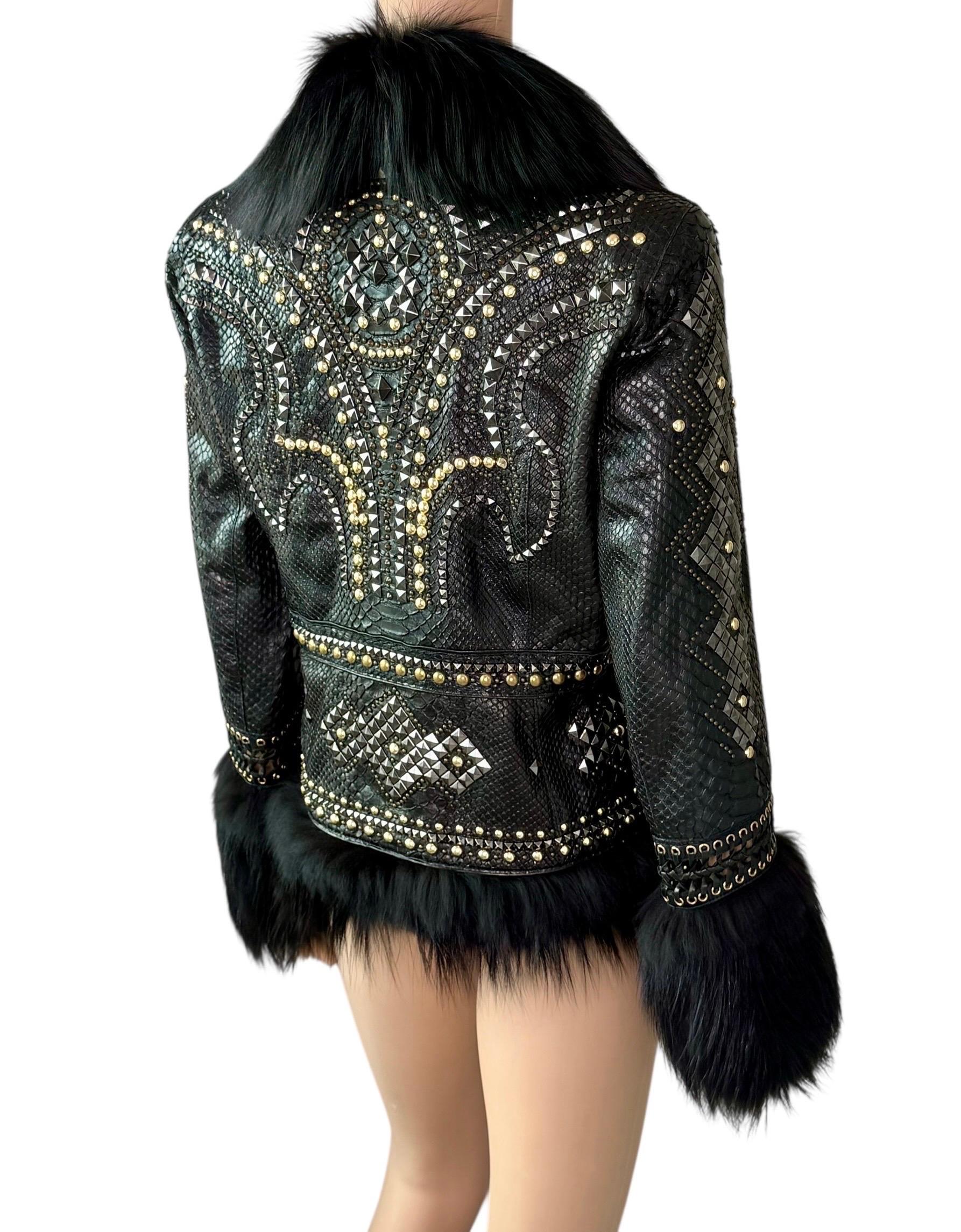 Roberto Cavalli S/S 2014 Embellished Studded Python Leather & Fur Jacket Coat For Sale 2