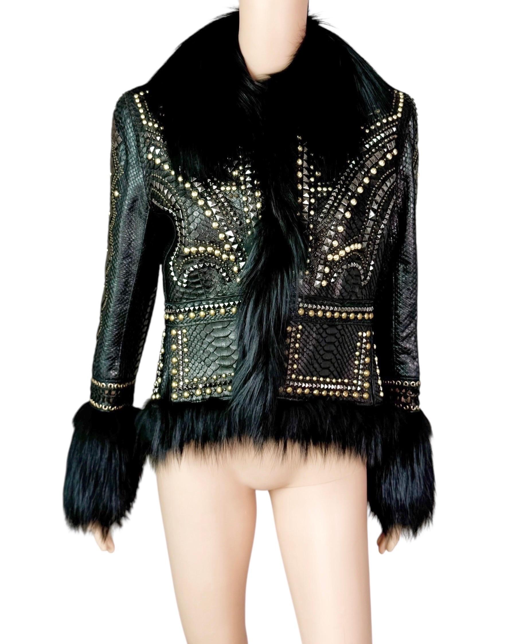 Roberto Cavalli S/S 2014 Embellished Studded Python Leather & Fur Jacket Coat For Sale 4