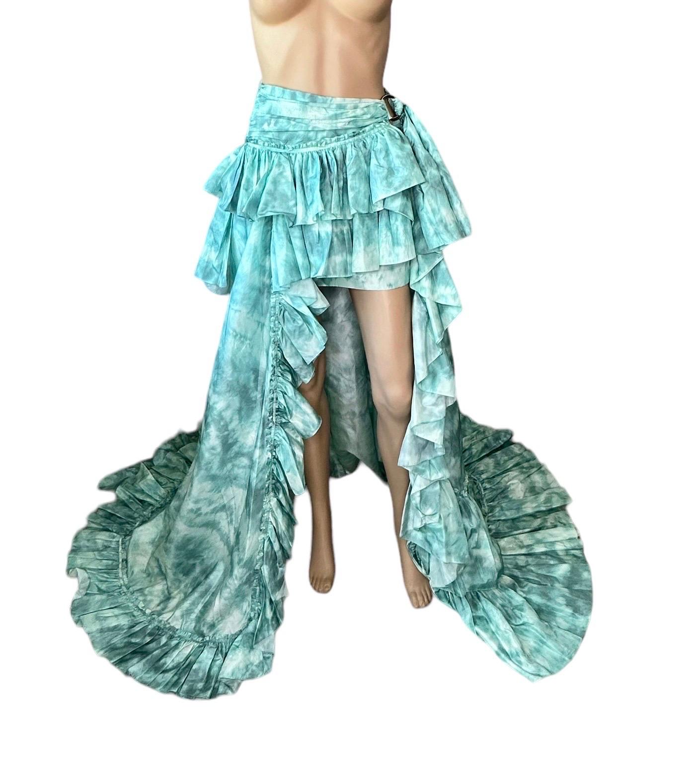 Roberto Cavalli S/S 2016 Runway Asymmetric High-Low Tie Dye Ruffled Train Skirt In Excellent Condition For Sale In Naples, FL