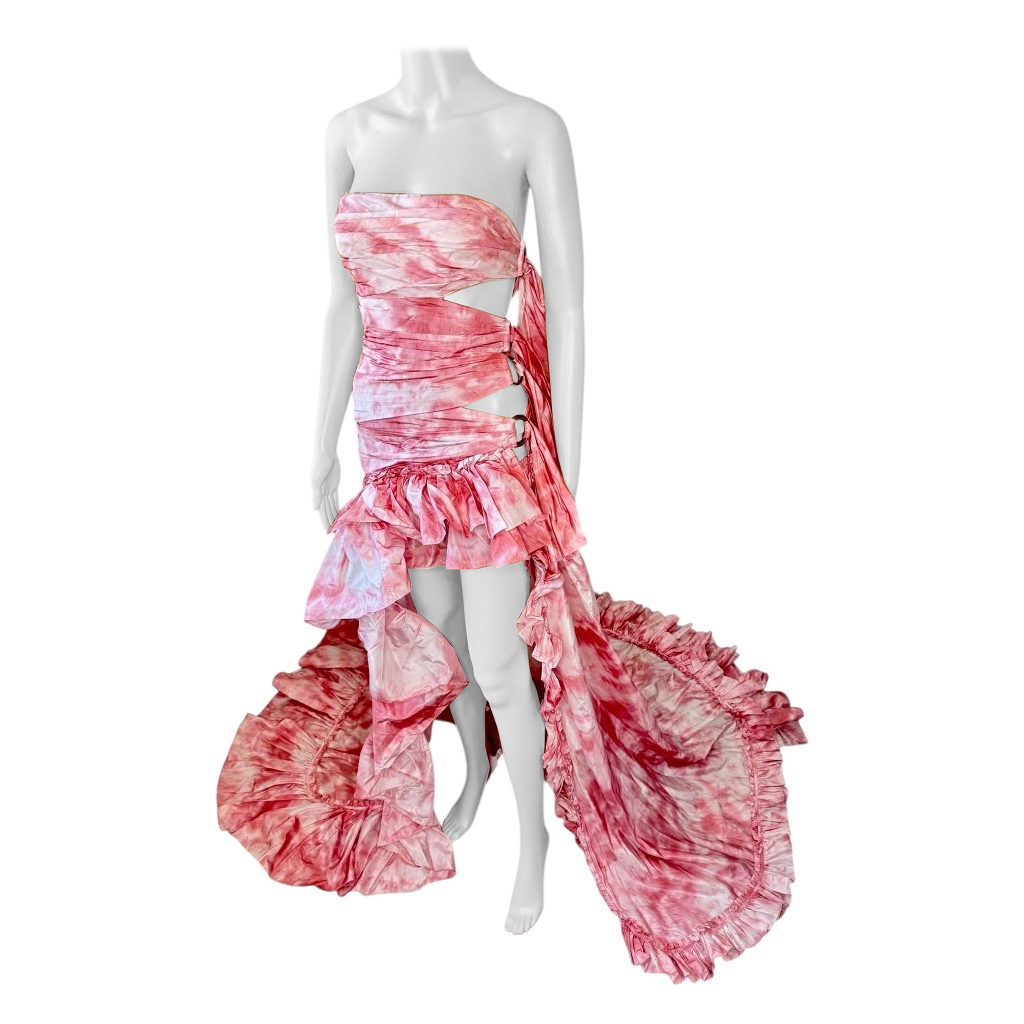 Roberto Cavalli S/S 2016 Runway Cutout High-Low Tie Dye Ruffled Train Dress For Sale