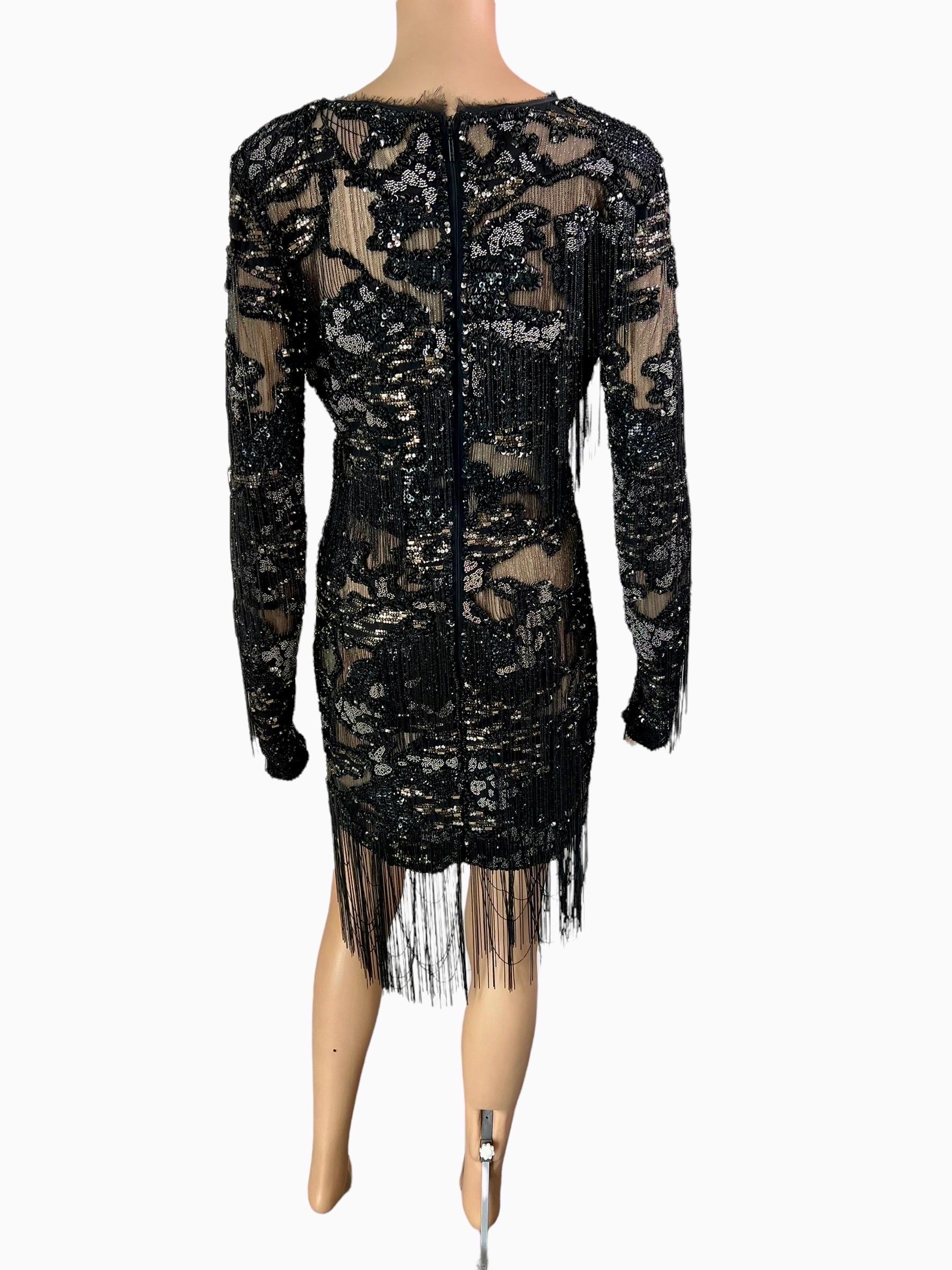 Roberto Cavalli S/S 2016 Runway Embellished Chain Sheer Black Mini Evening Dress For Sale 3