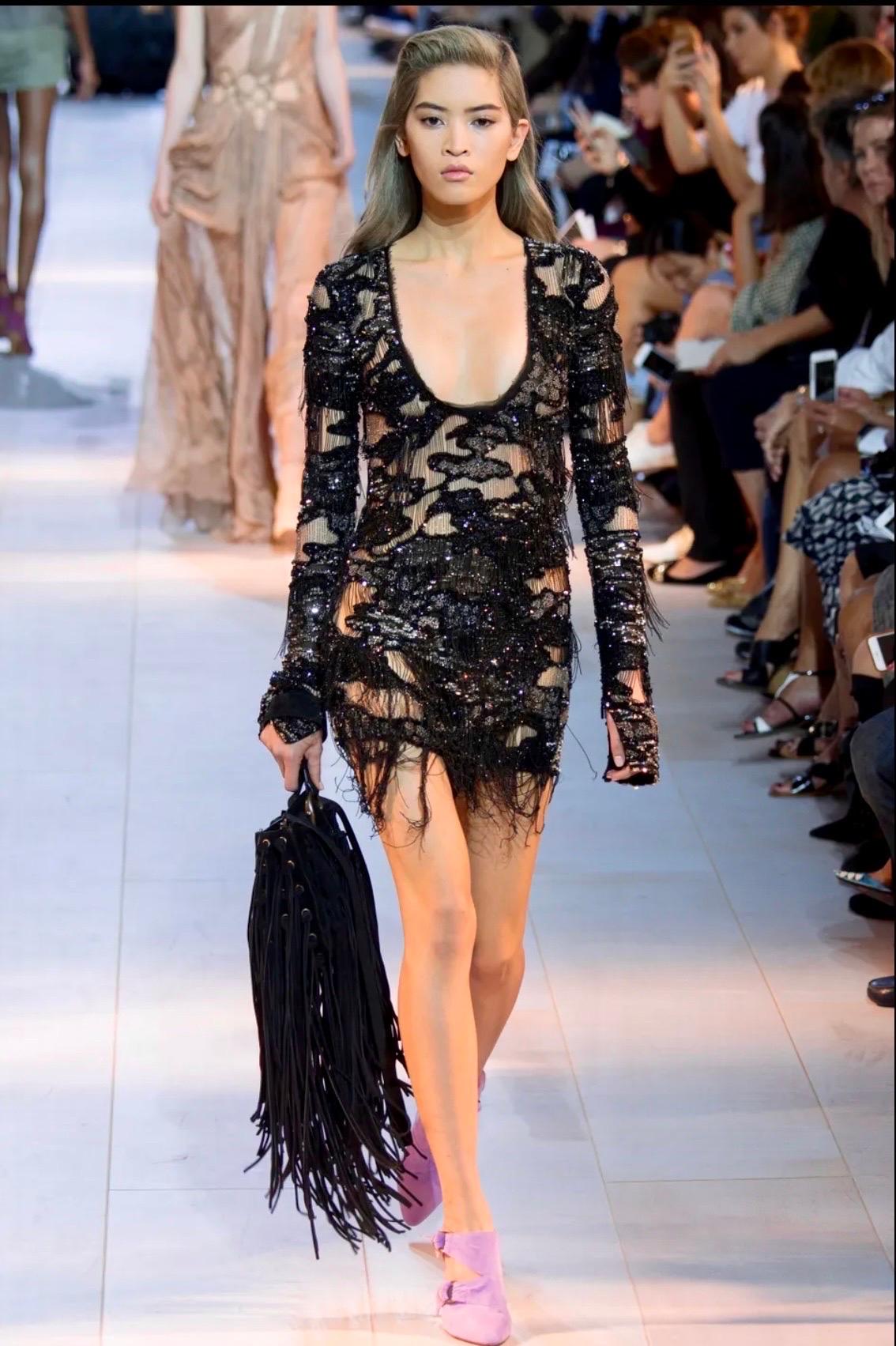 Roberto Cavalli S/S 2016 Runway Embellished Chain Sheer Black Mini Evening Dress For Sale 7