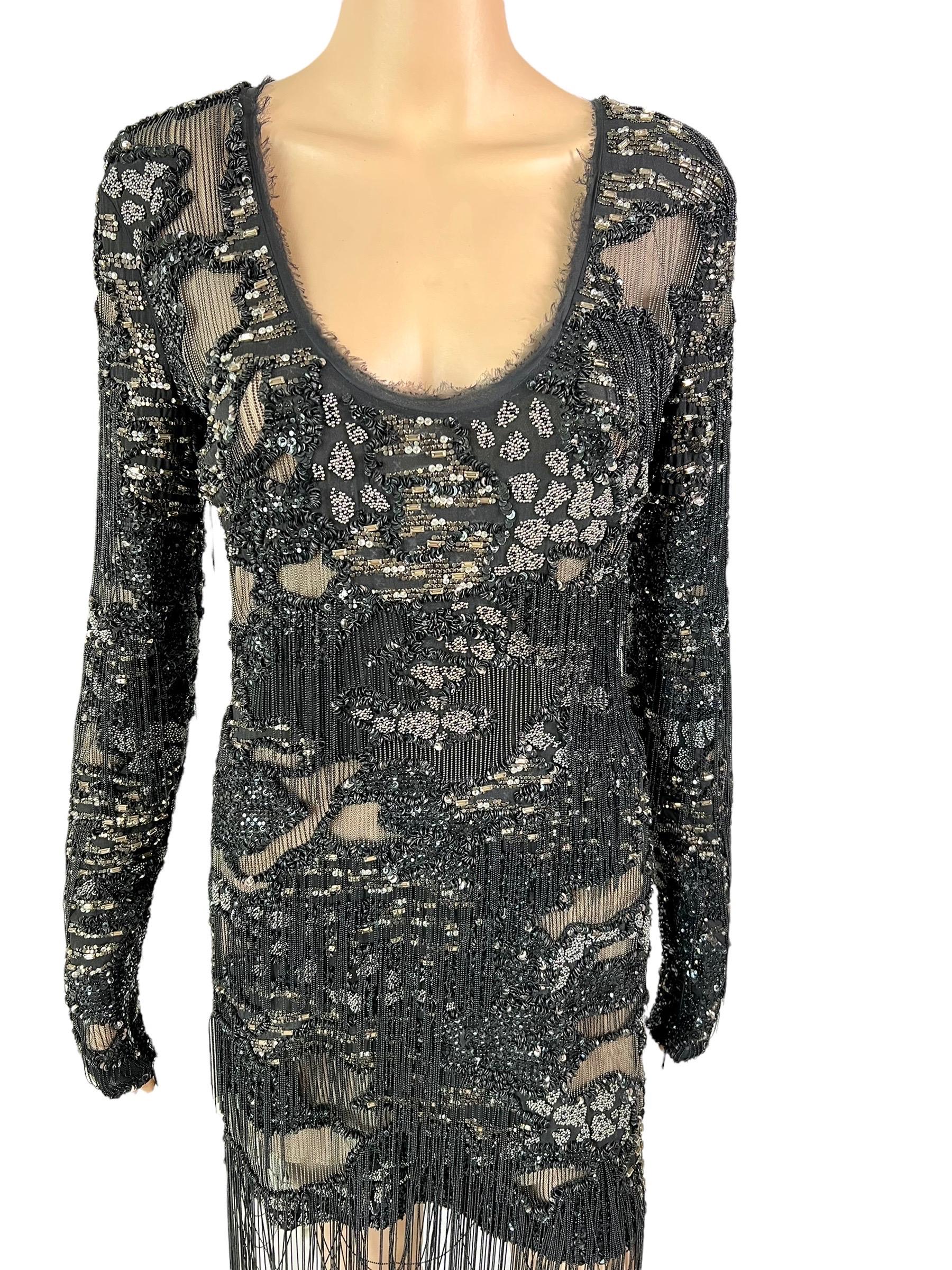 Women's Roberto Cavalli S/S 2016 Runway Embellished Chain Sheer Black Mini Evening Dress For Sale