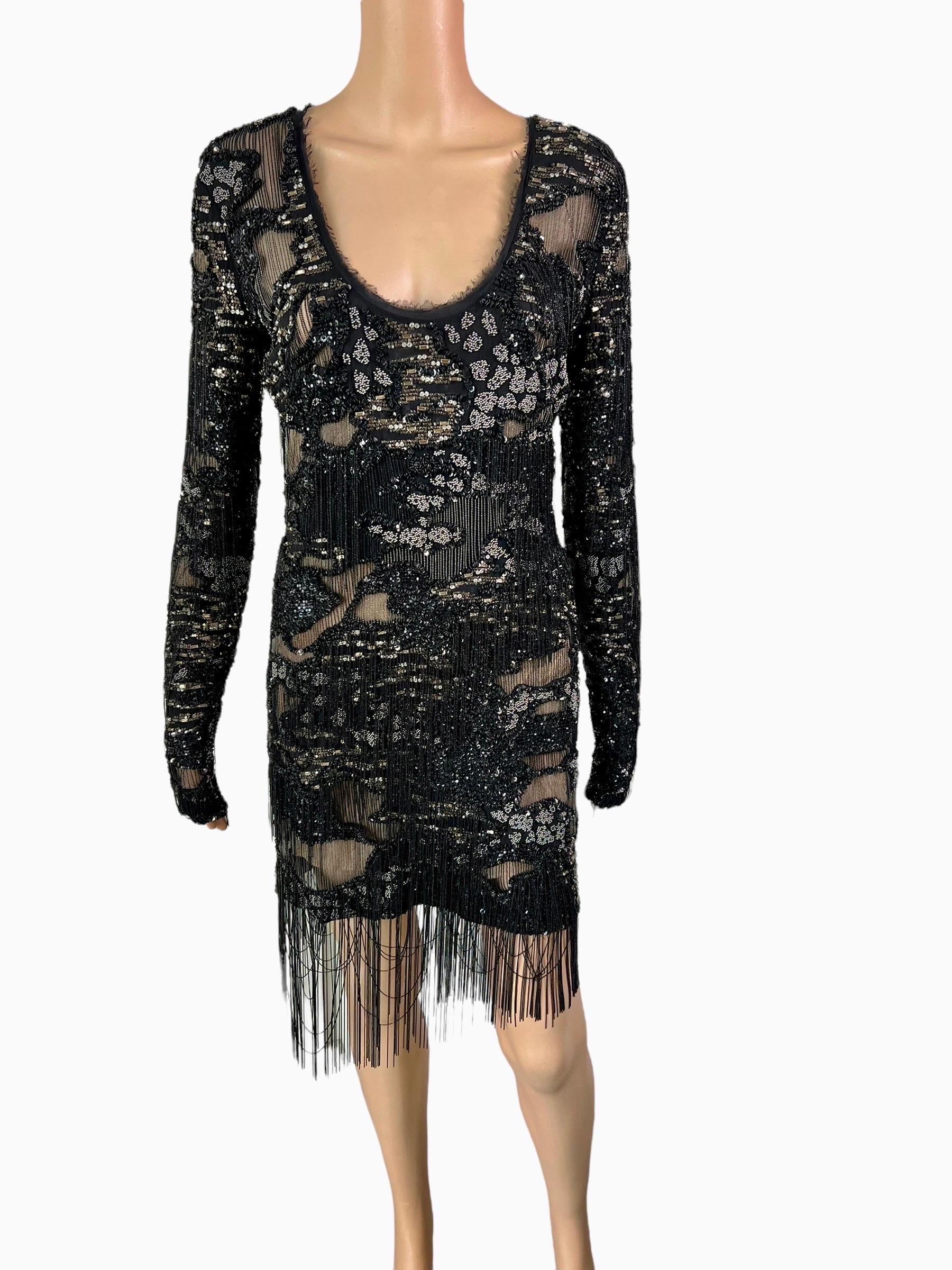 Roberto Cavalli S/S 2016 Runway Embellished Chain Sheer Black Mini Evening Dress For Sale 1