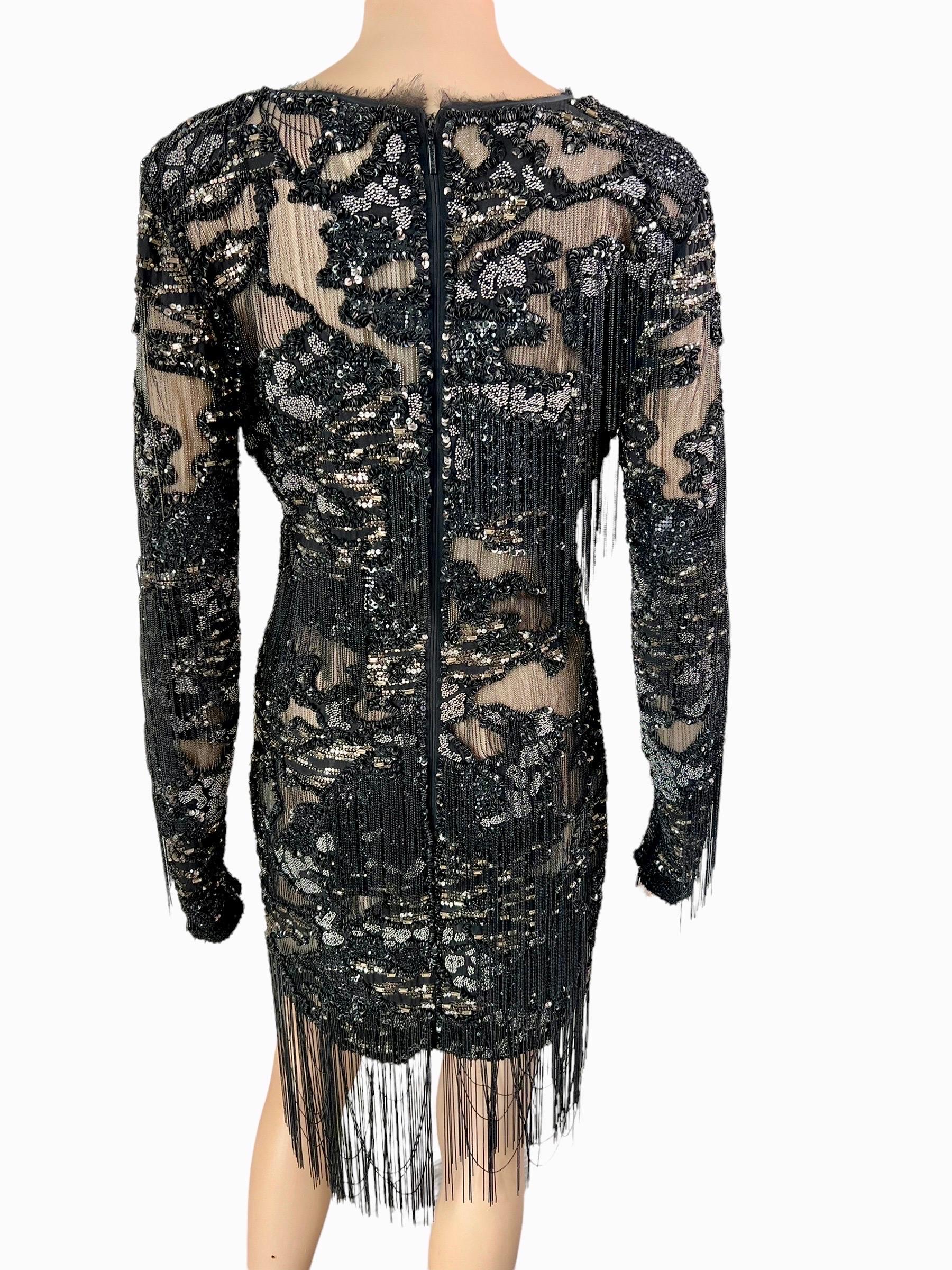 Roberto Cavalli S/S 2016 Runway Embellished Chain Sheer Black Mini Evening Dress In New Condition For Sale In Naples, FL